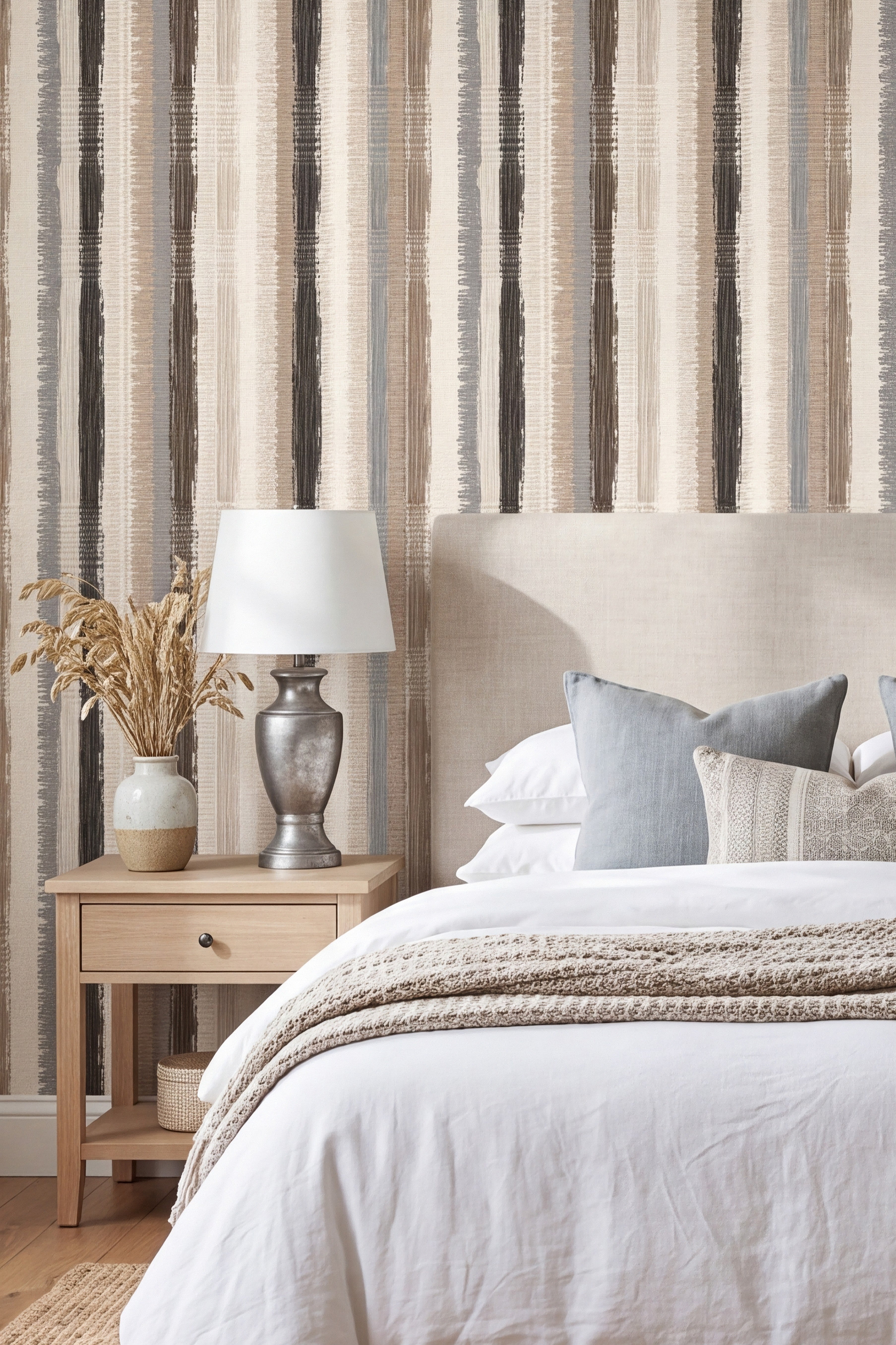 Homespun Stripe wallpaper shown in a bedroom