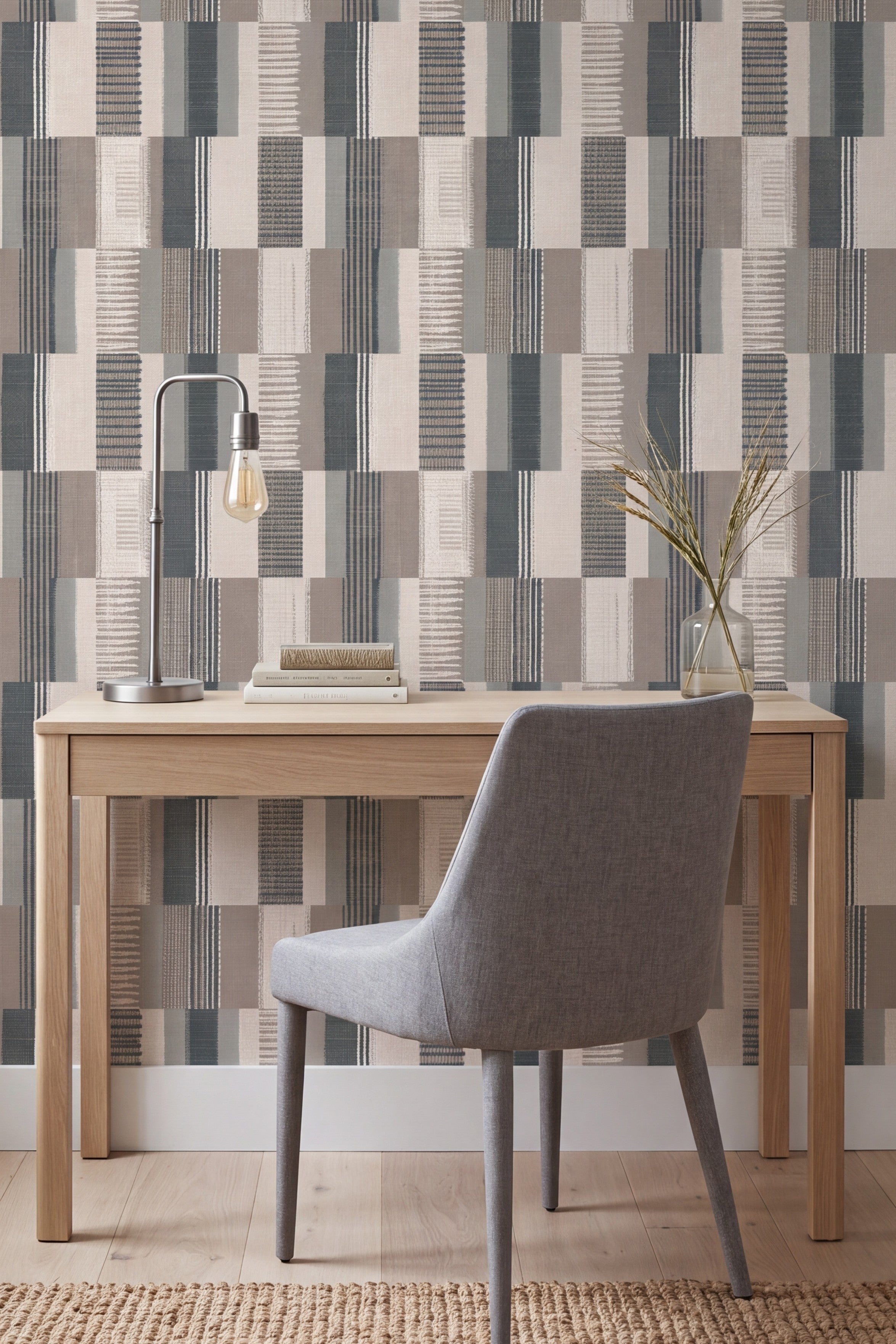 Patchwork Cove wallpaper shown in a home office