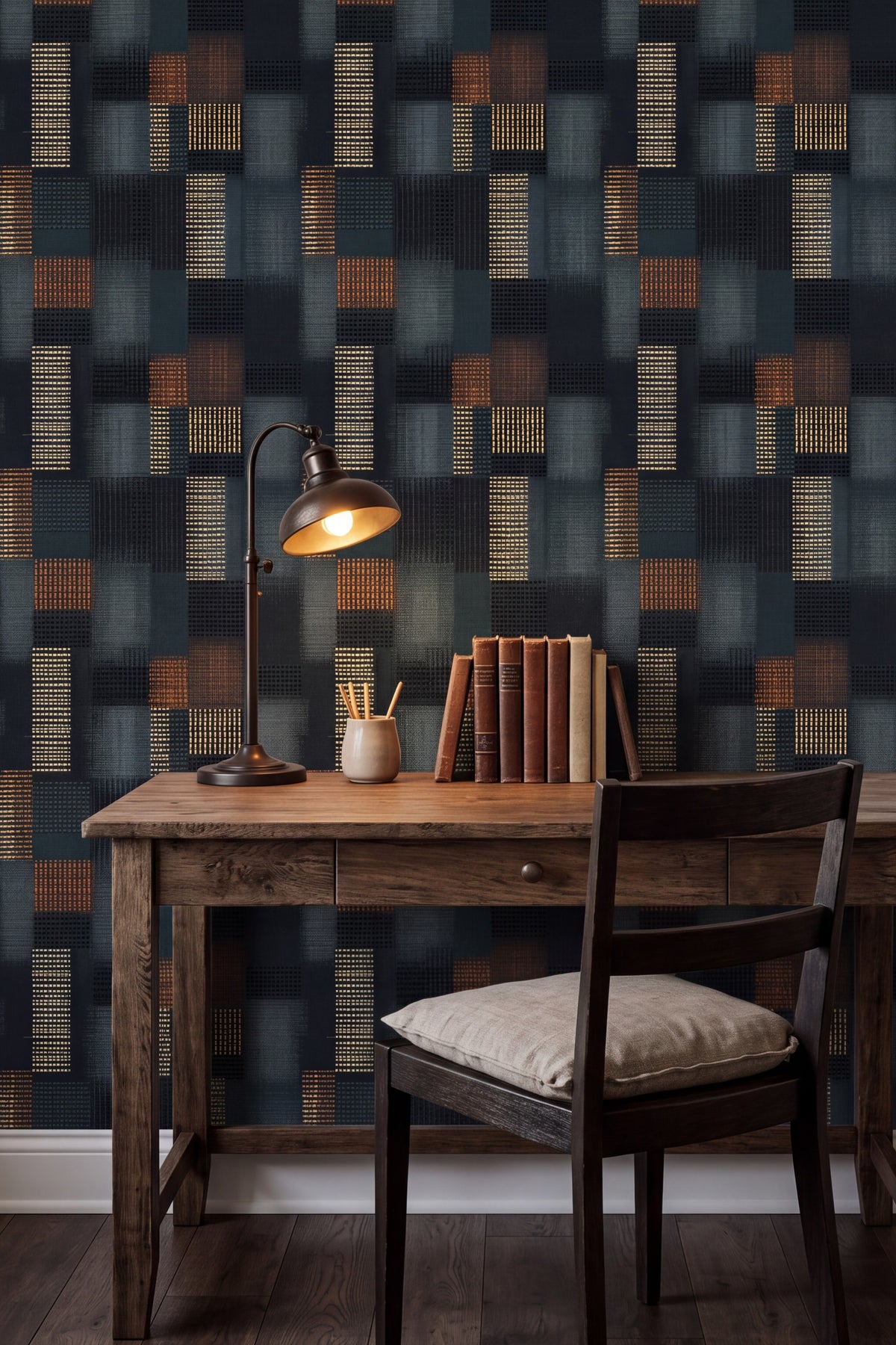 Lantern Plaid wallpaper shown in a home office
