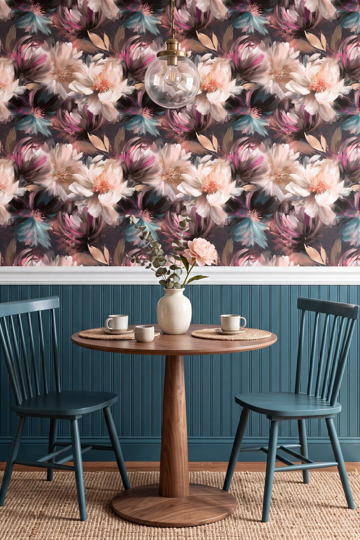Plume Peony wallpaper shown in a kitchen breakfast nook