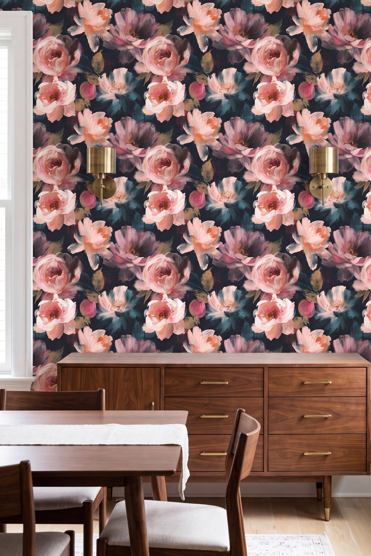 Rosewater Nocturne wallpaper shown in a dining room