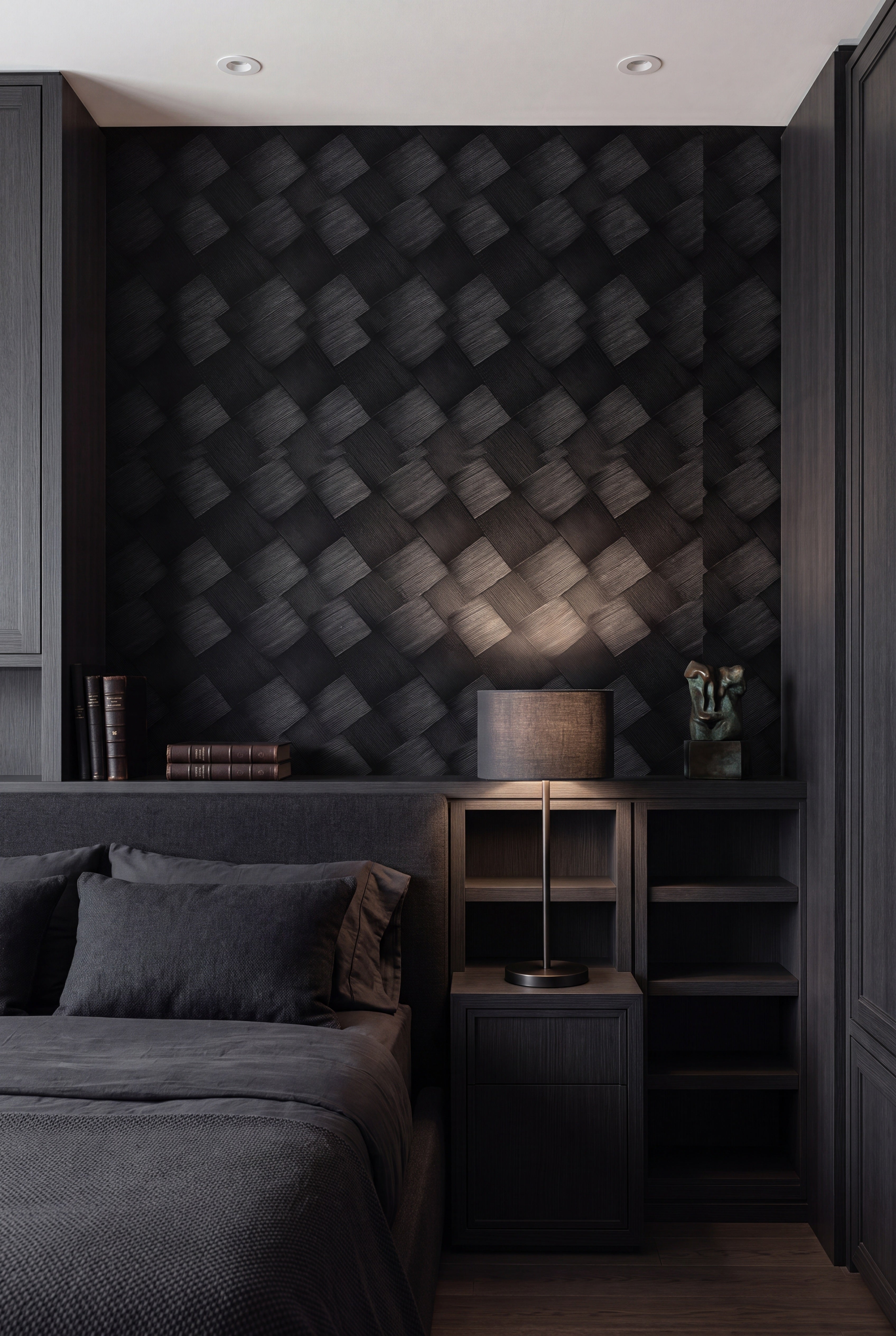 Onyx Weave wallpaper shown in a bedroom