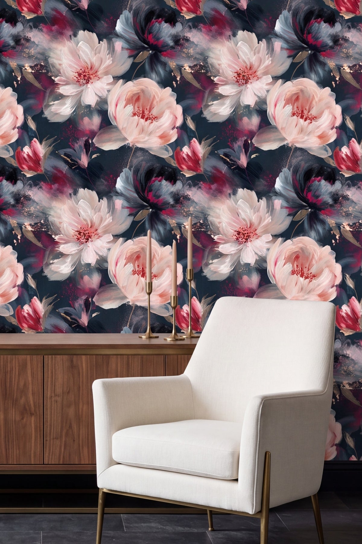 Moonlit Peony wallpaper shown in a living room