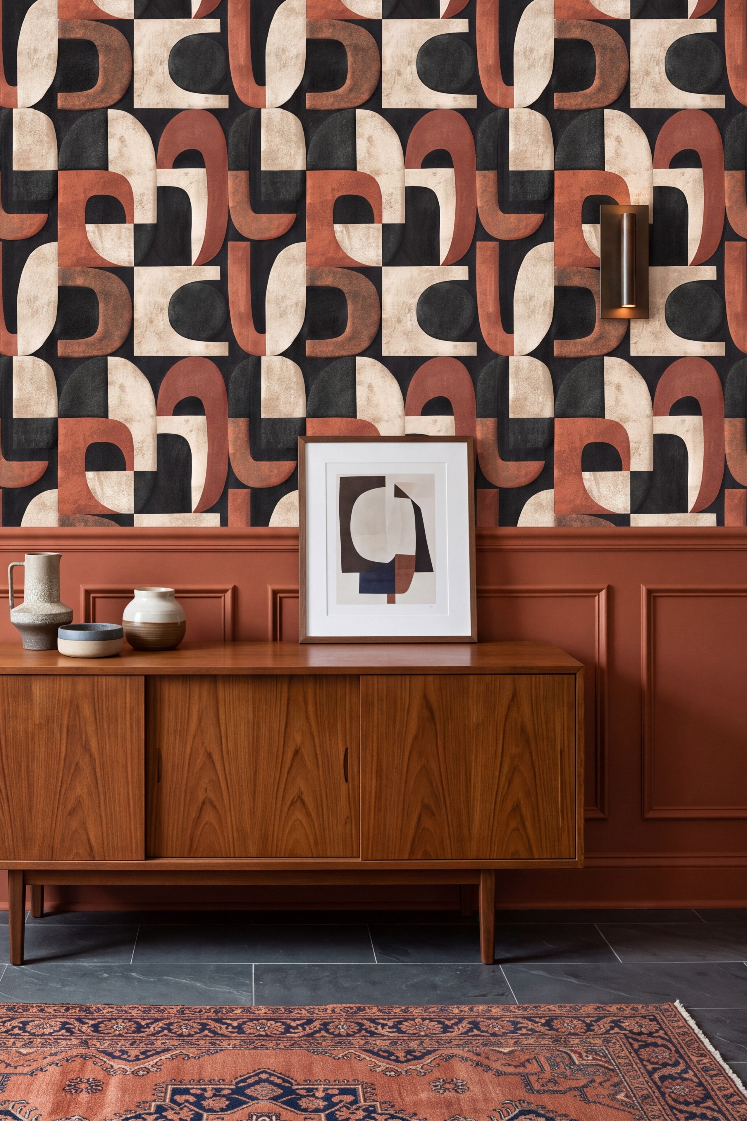 Kiln Arch wallpaper shown in a dining room