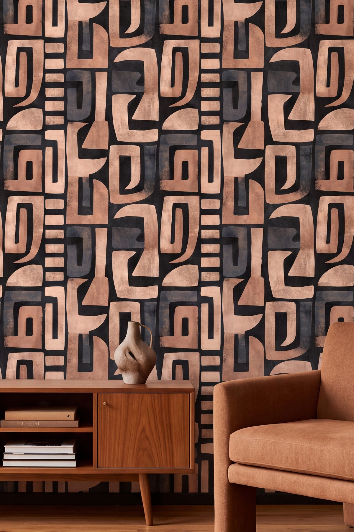 Adobe Block wallpaper shown in a living room