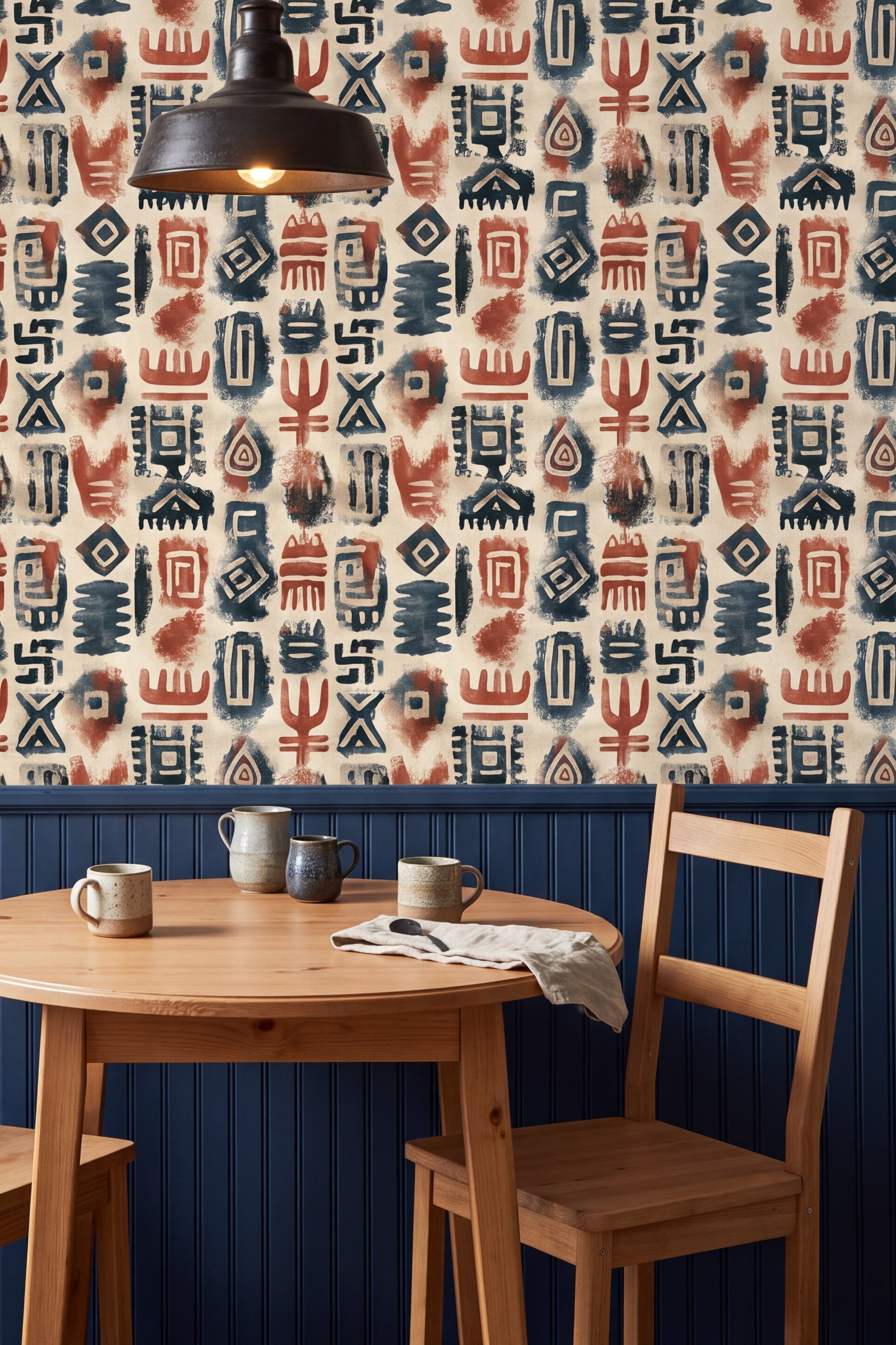 Storyteller wallpaper shown in a kitchen breakfast nook