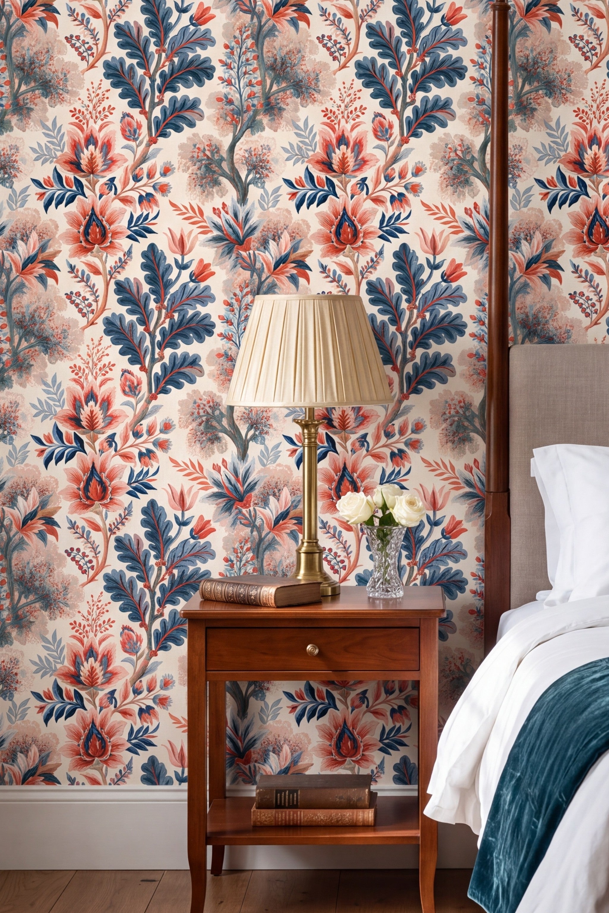 Bluecoat Garden wallpaper shown in a bedroom