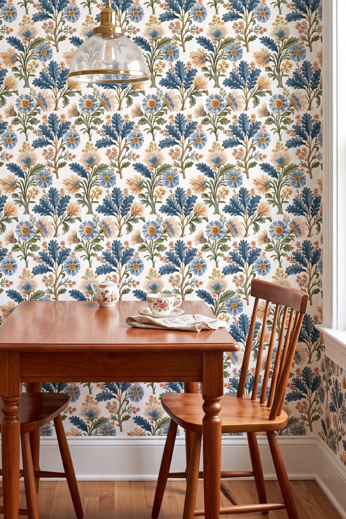Cornflower Chintz wallpaper shown in a kitchen breakfast nook