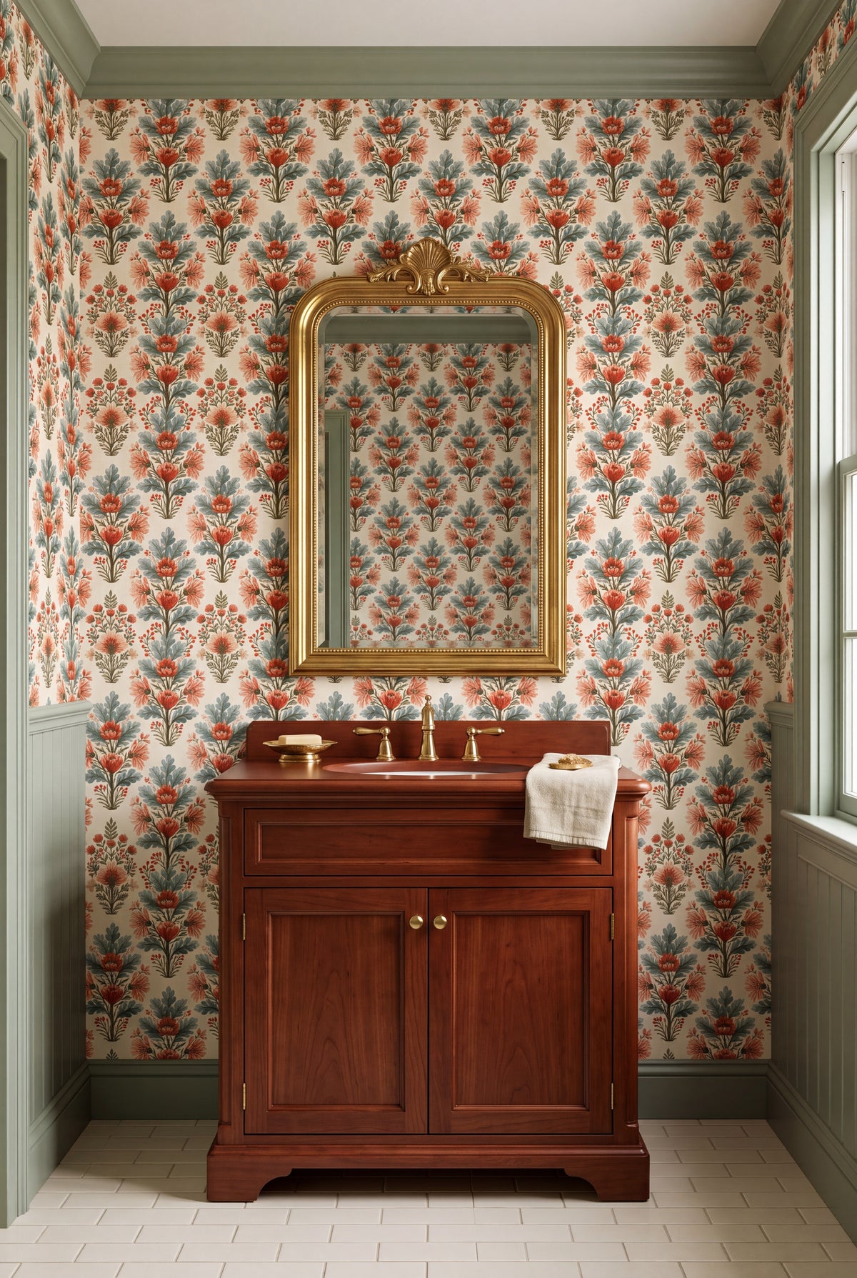 Coral Sprig wallpaper shown in a bathroom
