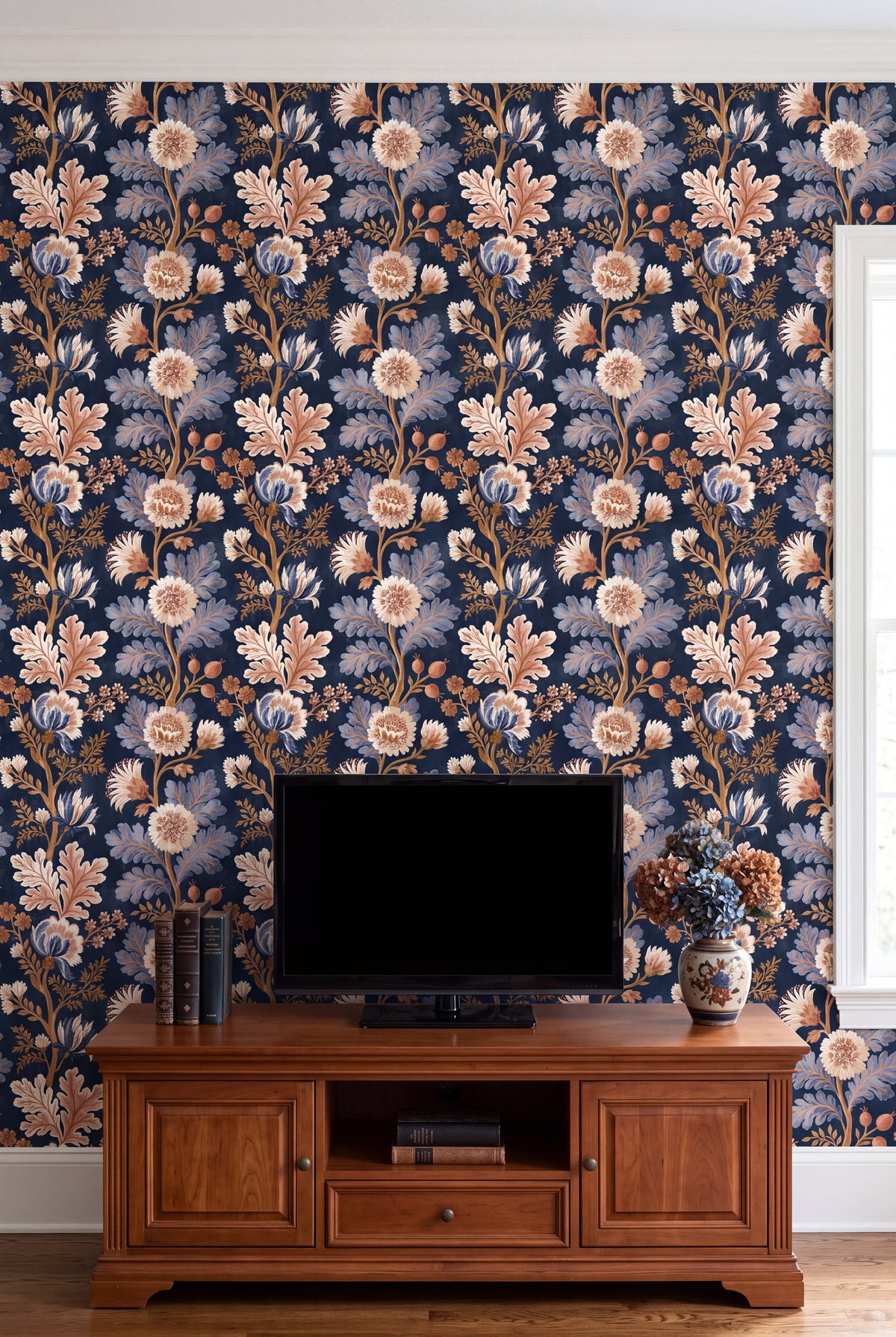 Midnight Indienne wallpaper shown in a media room