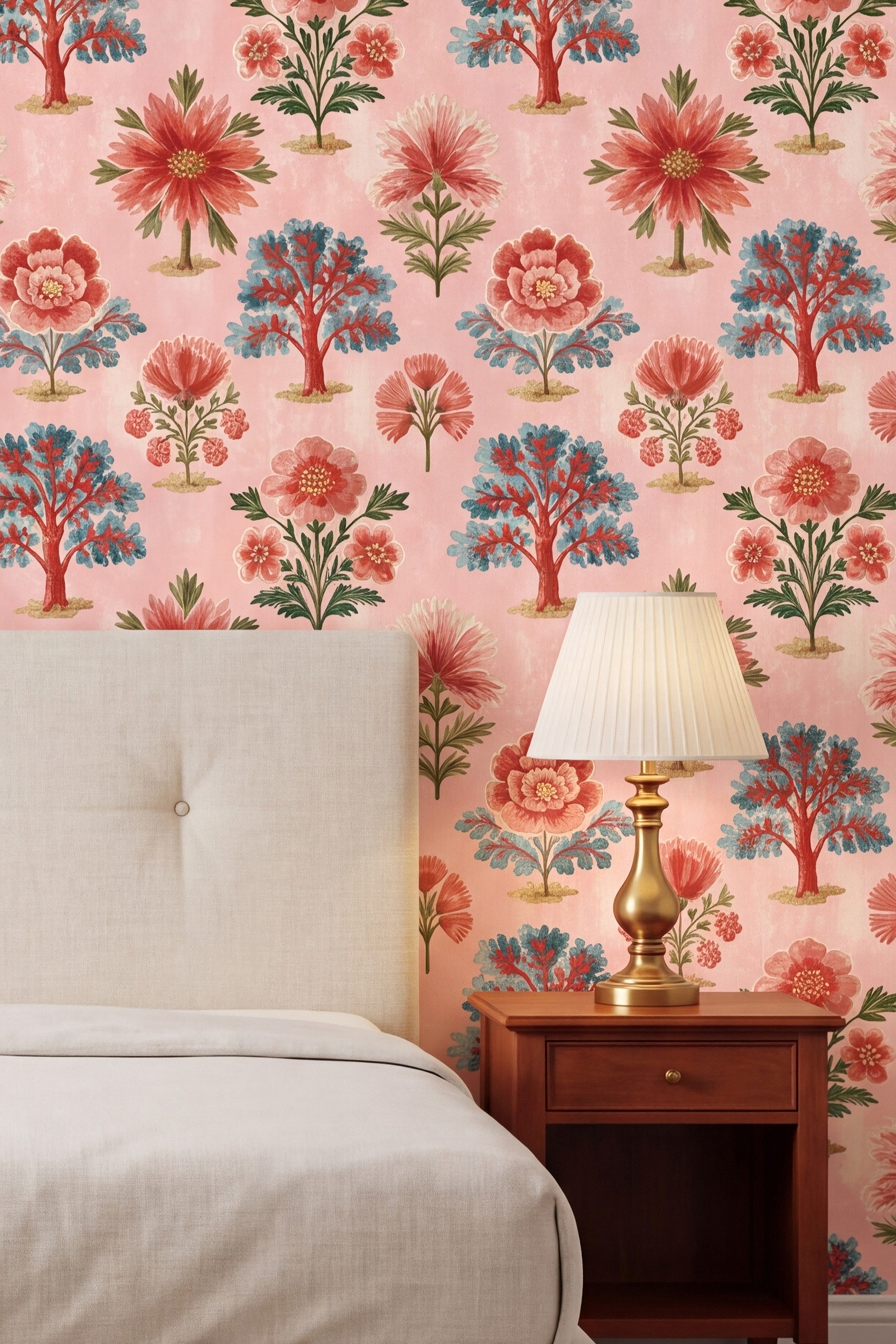 Rosy Orchard wallpaper shown in a bedroom