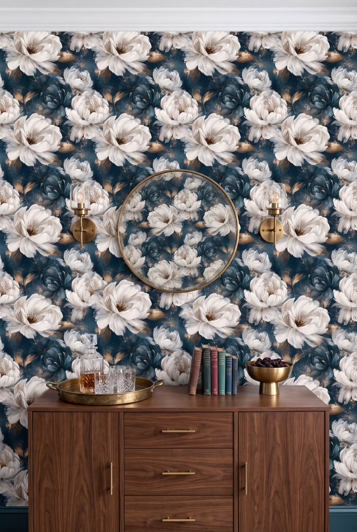 Pearl Nocturne wallpaper shown in a dining room