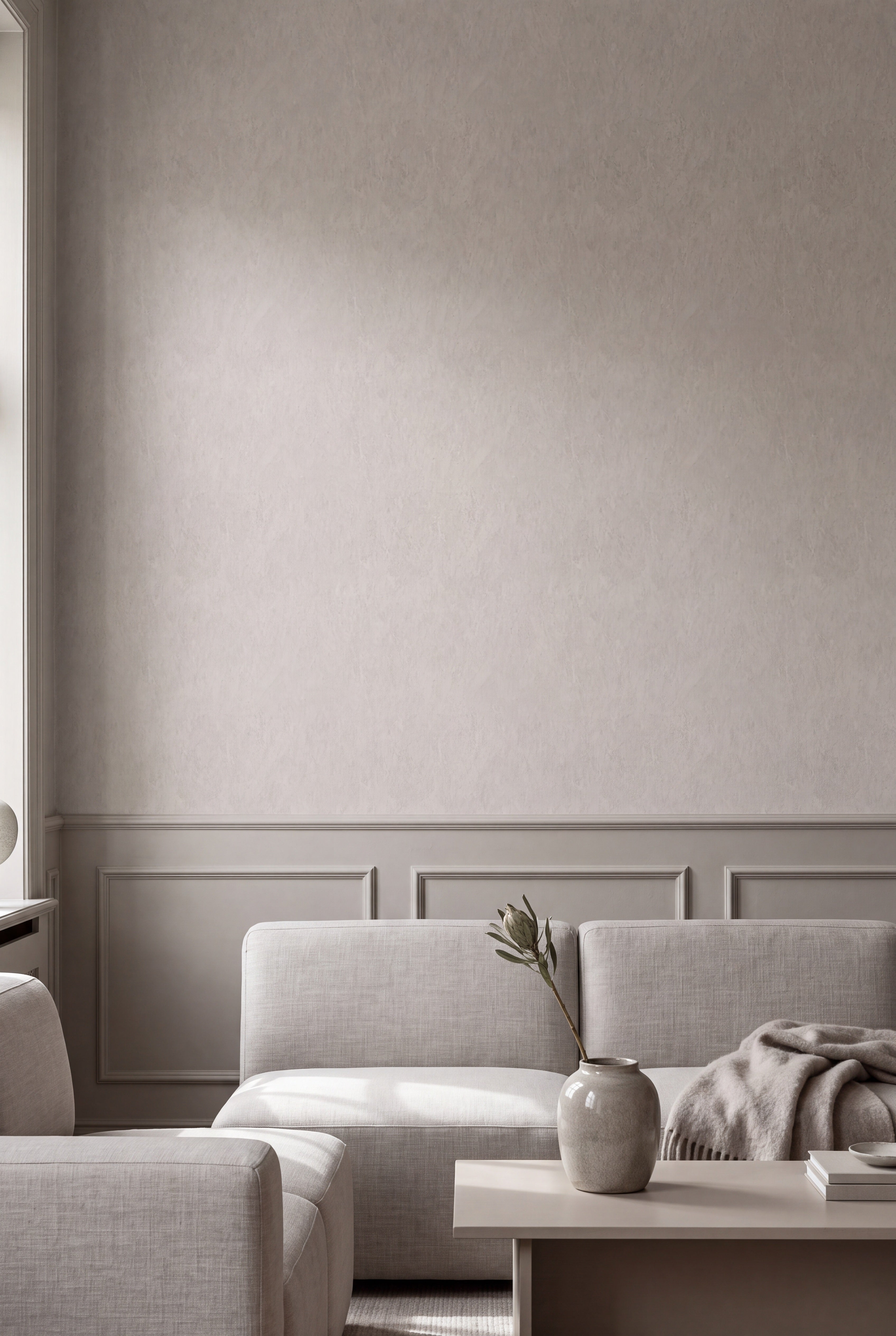 Oyster Shell wallpaper shown in a living room