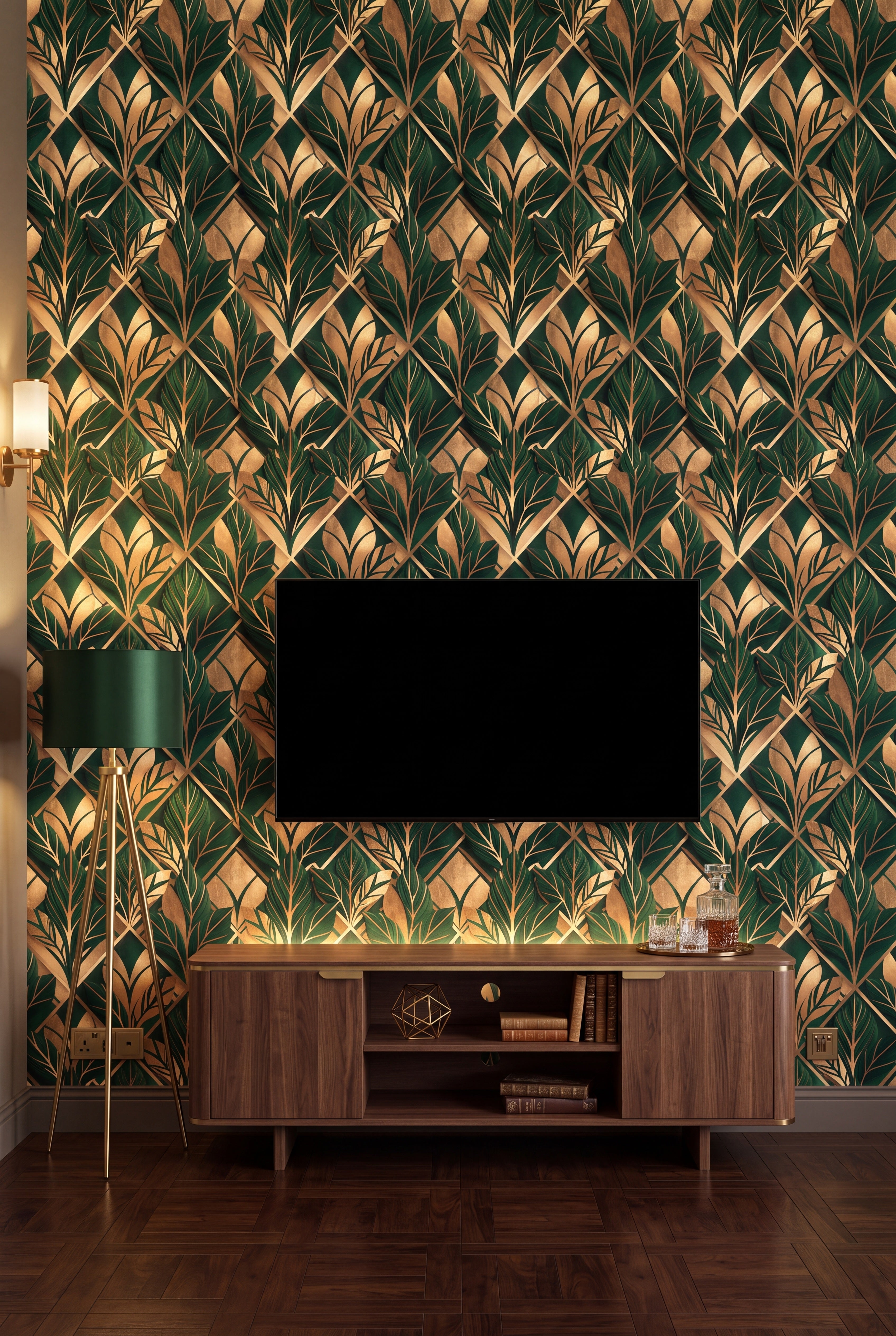 Malachite Marquee wallpaper shown in a media room