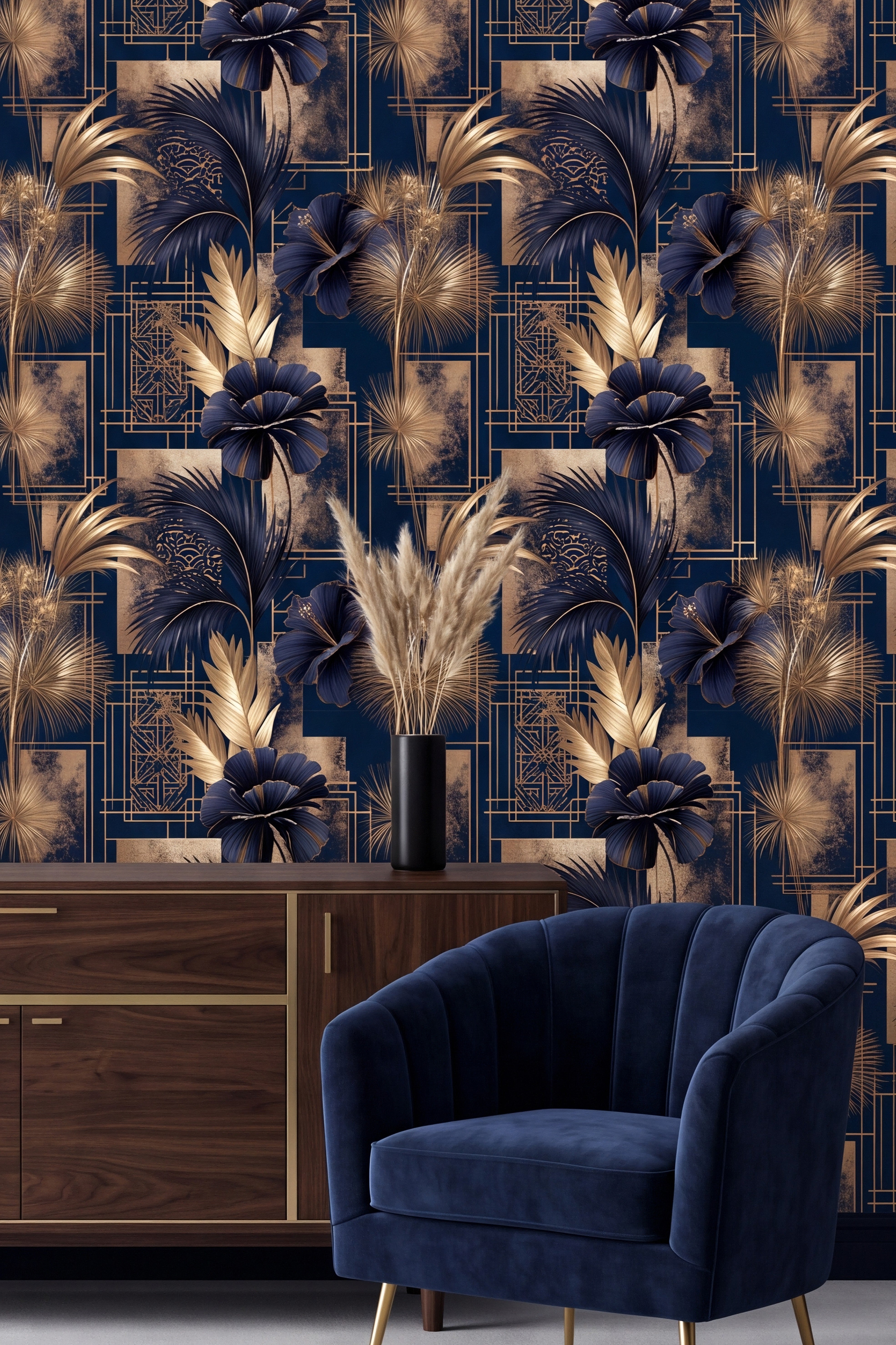Gilded Soiree wallpaper shown in a living room