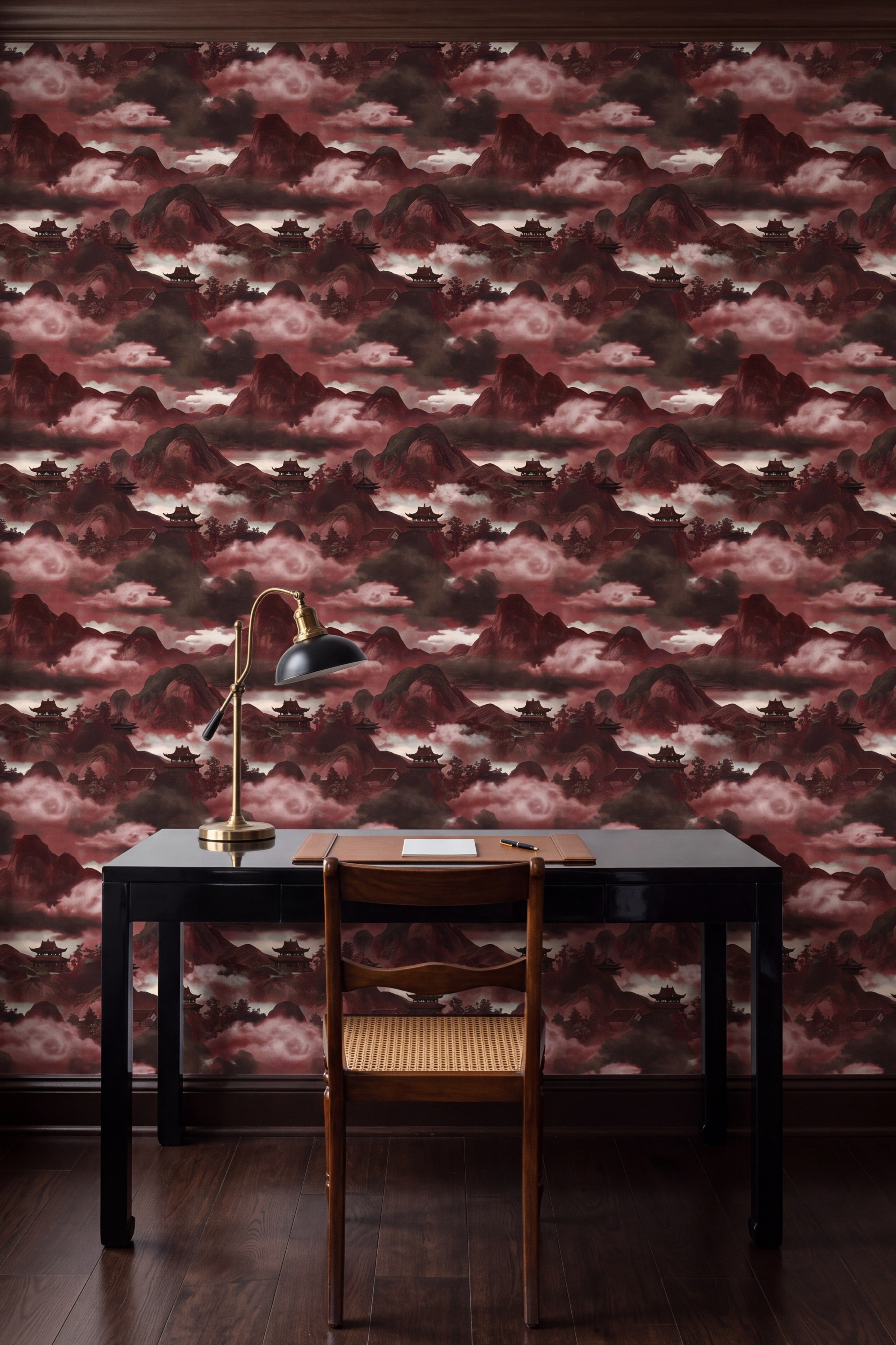 Oxblood Pagoda wallpaper shown in a home office