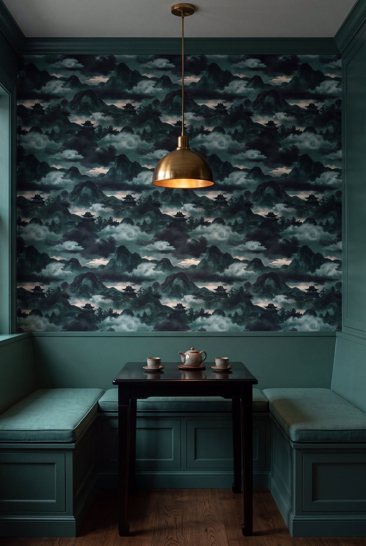 Jade Pagoda wallpaper shown in a kitchen breakfast nook