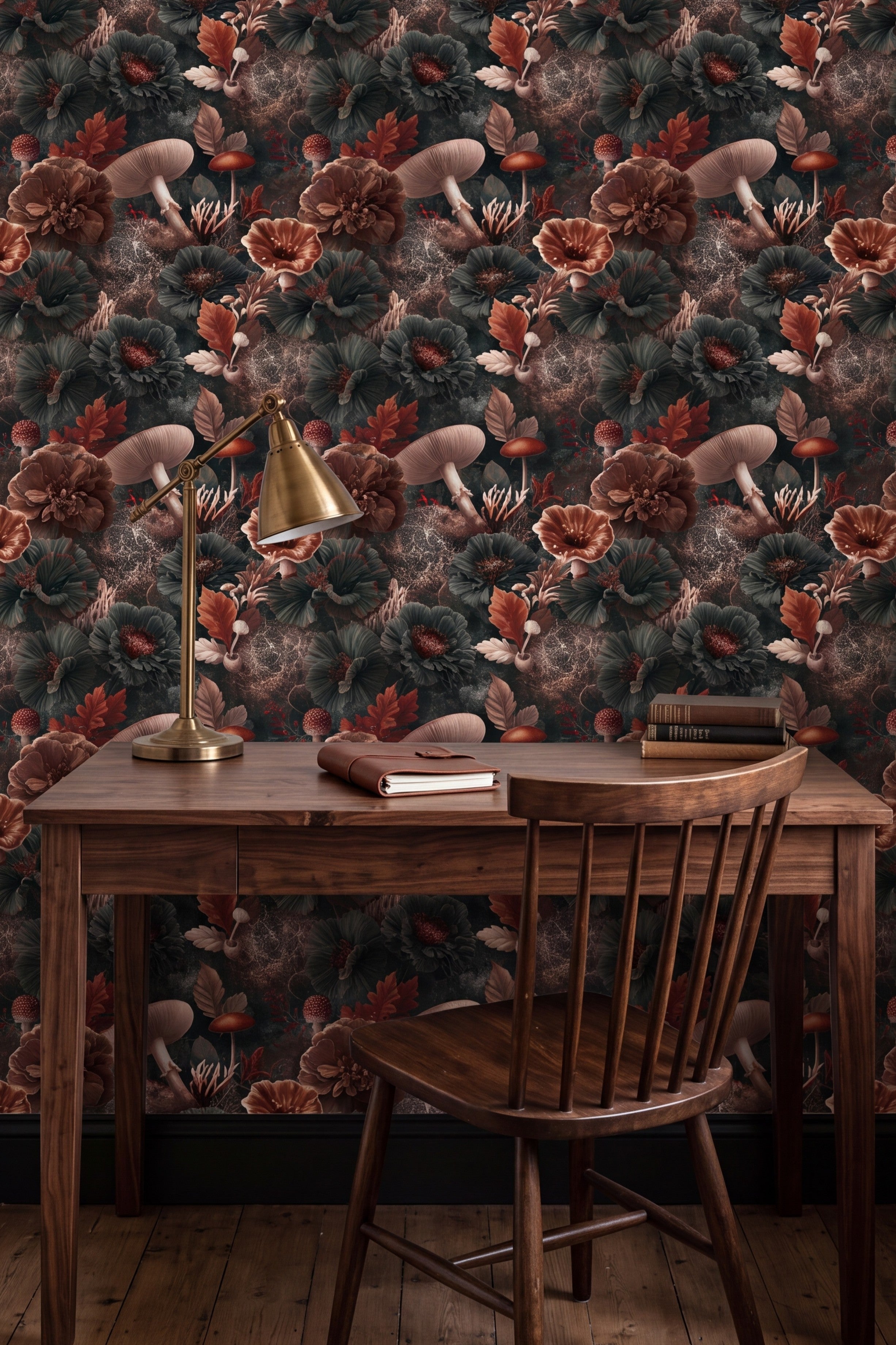 Ember Forage wallpaper shown in a home office