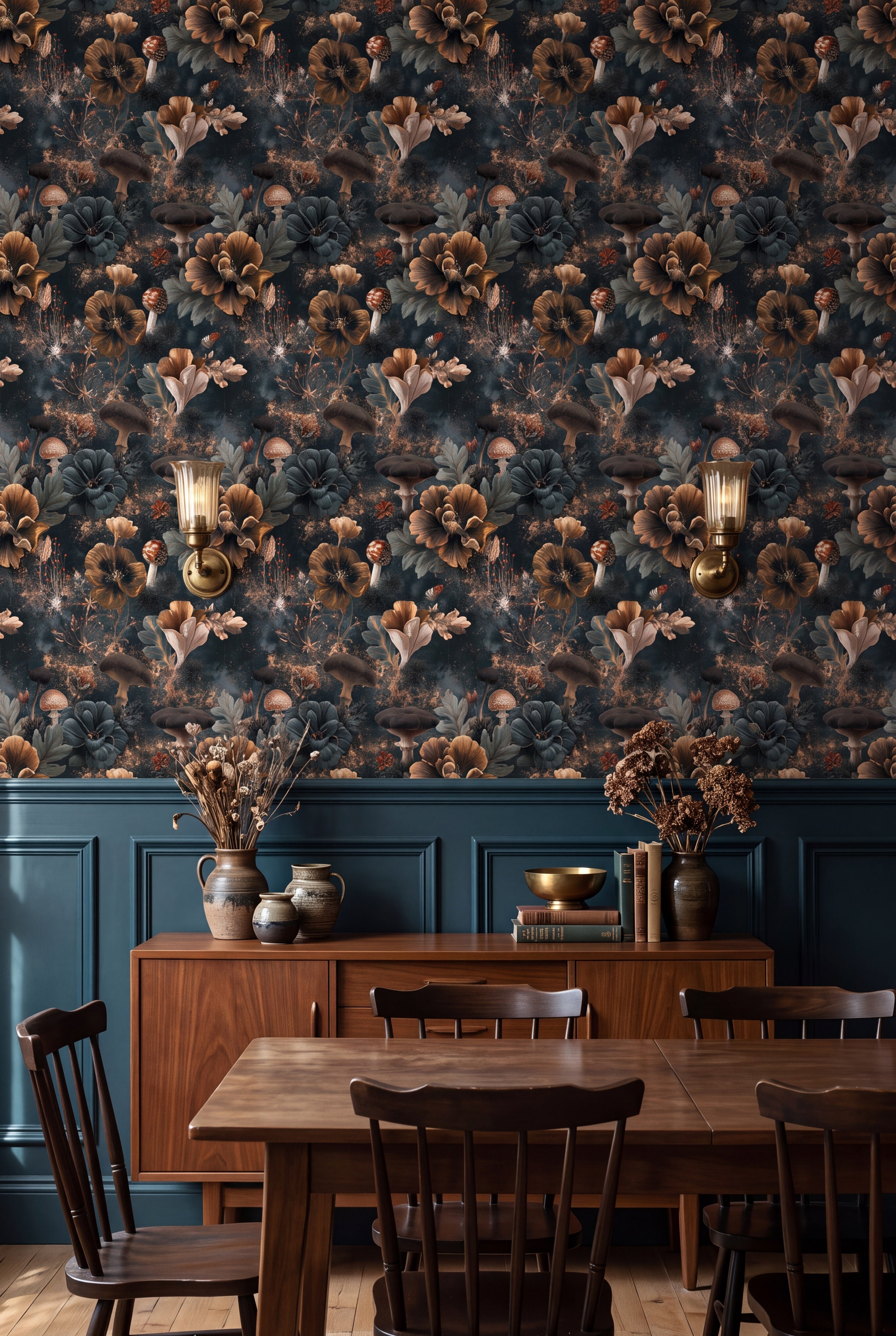 Golden Forage wallpaper shown in a dining room