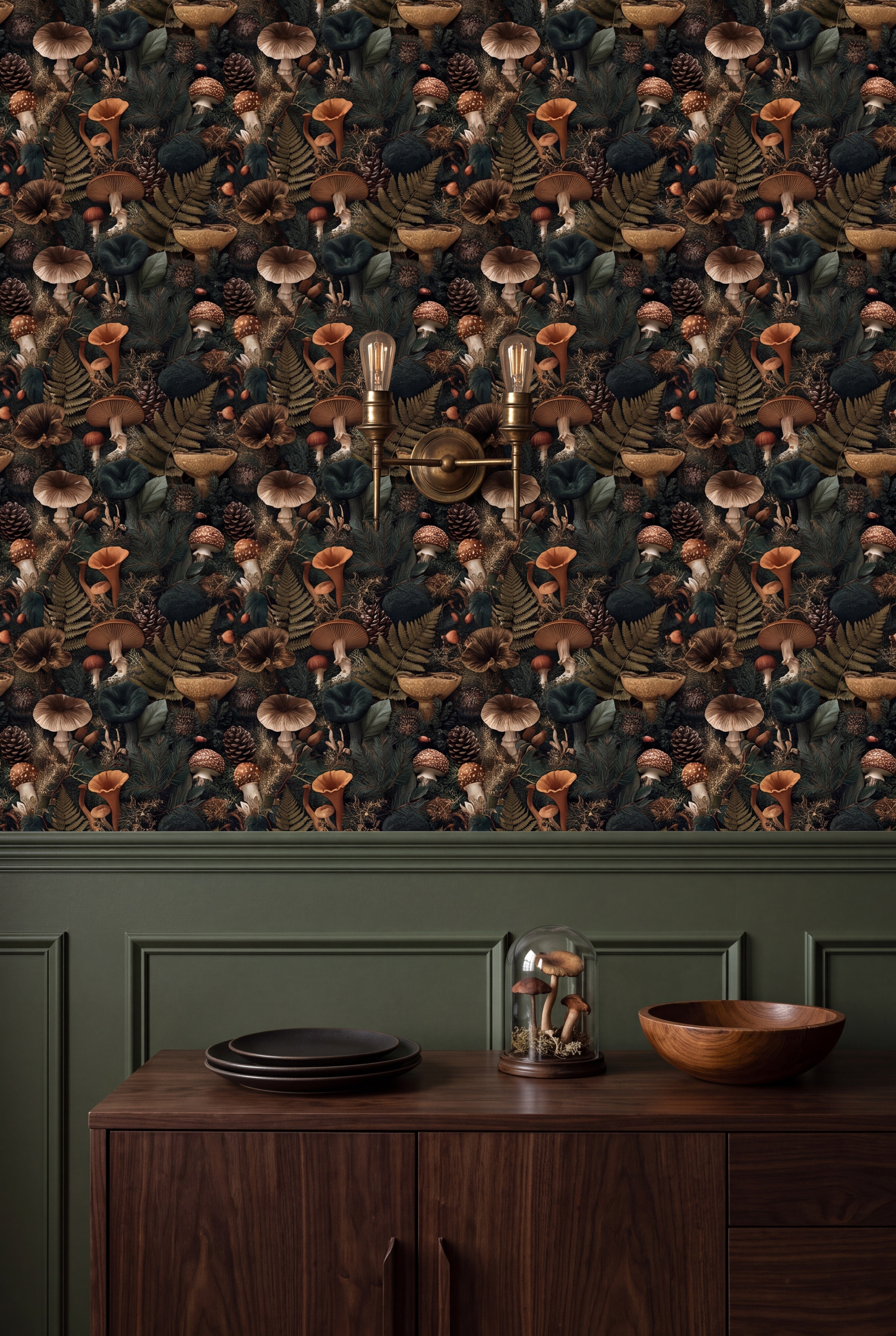 Chanterelle Woods wallpaper shown in a dining room