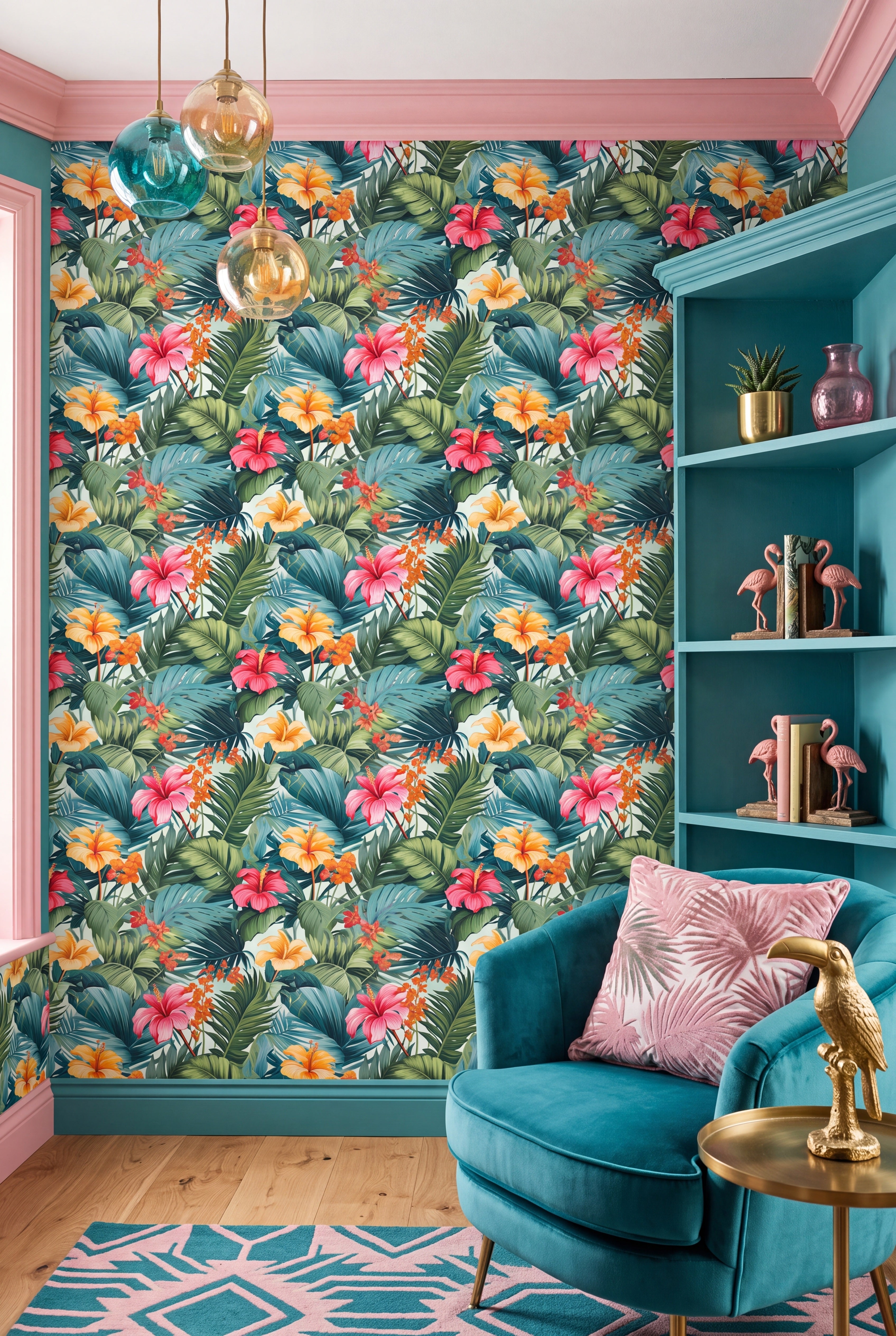 Jungle Club wallpaper shown in a living room