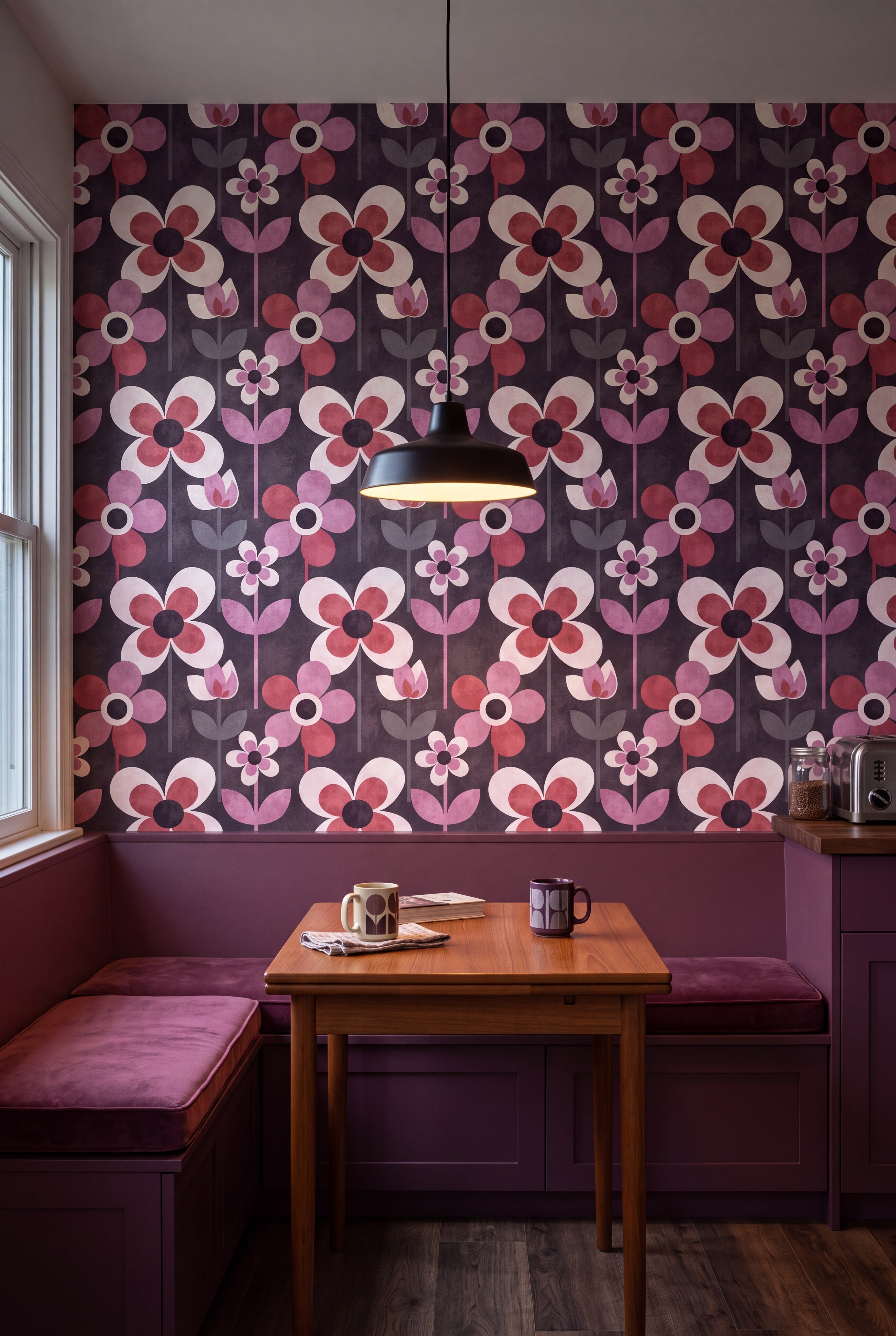 Orchid Mod wallpaper shown in a kitchen breakfast nook