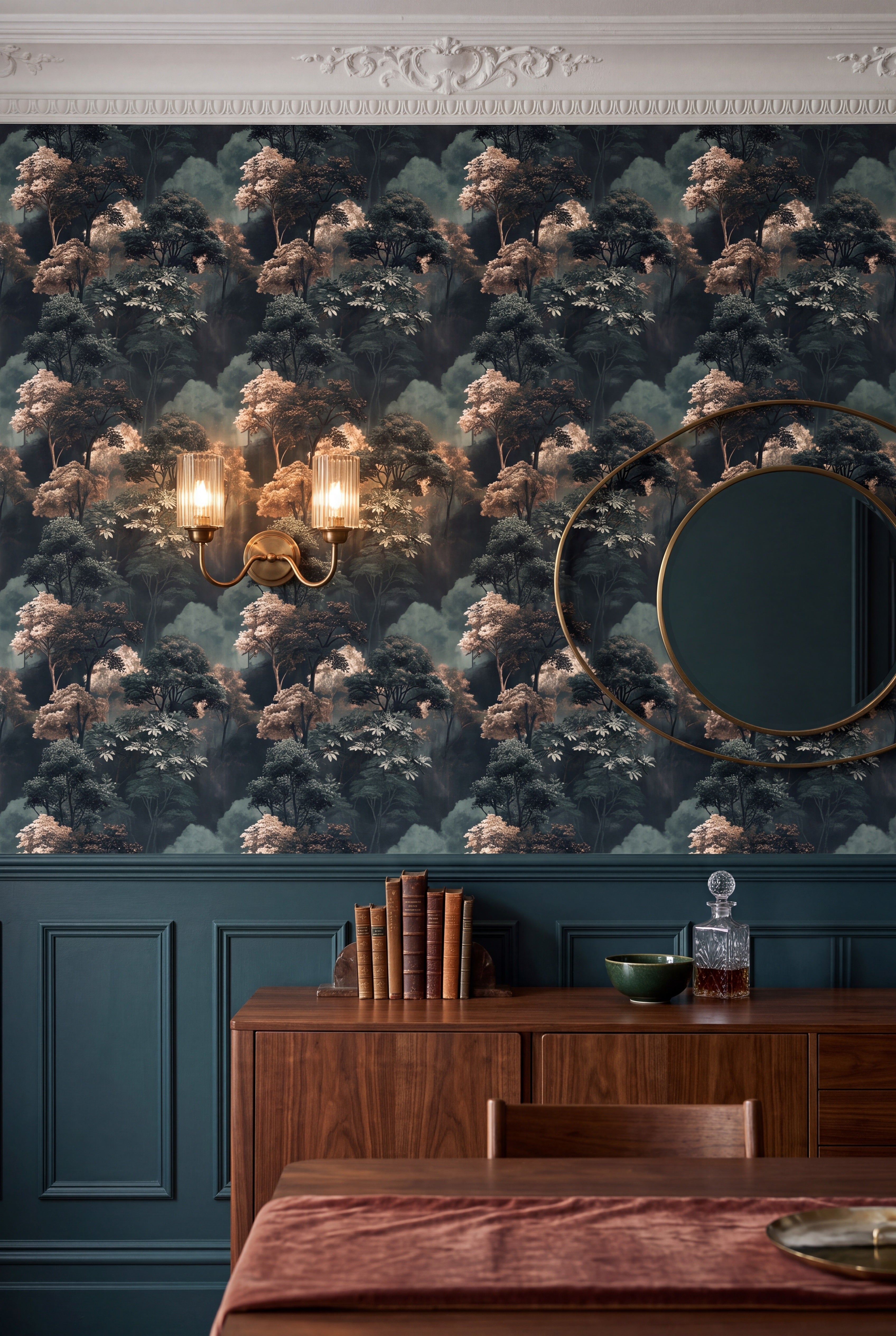 Twilight Canopy wallpaper shown in a dining room
