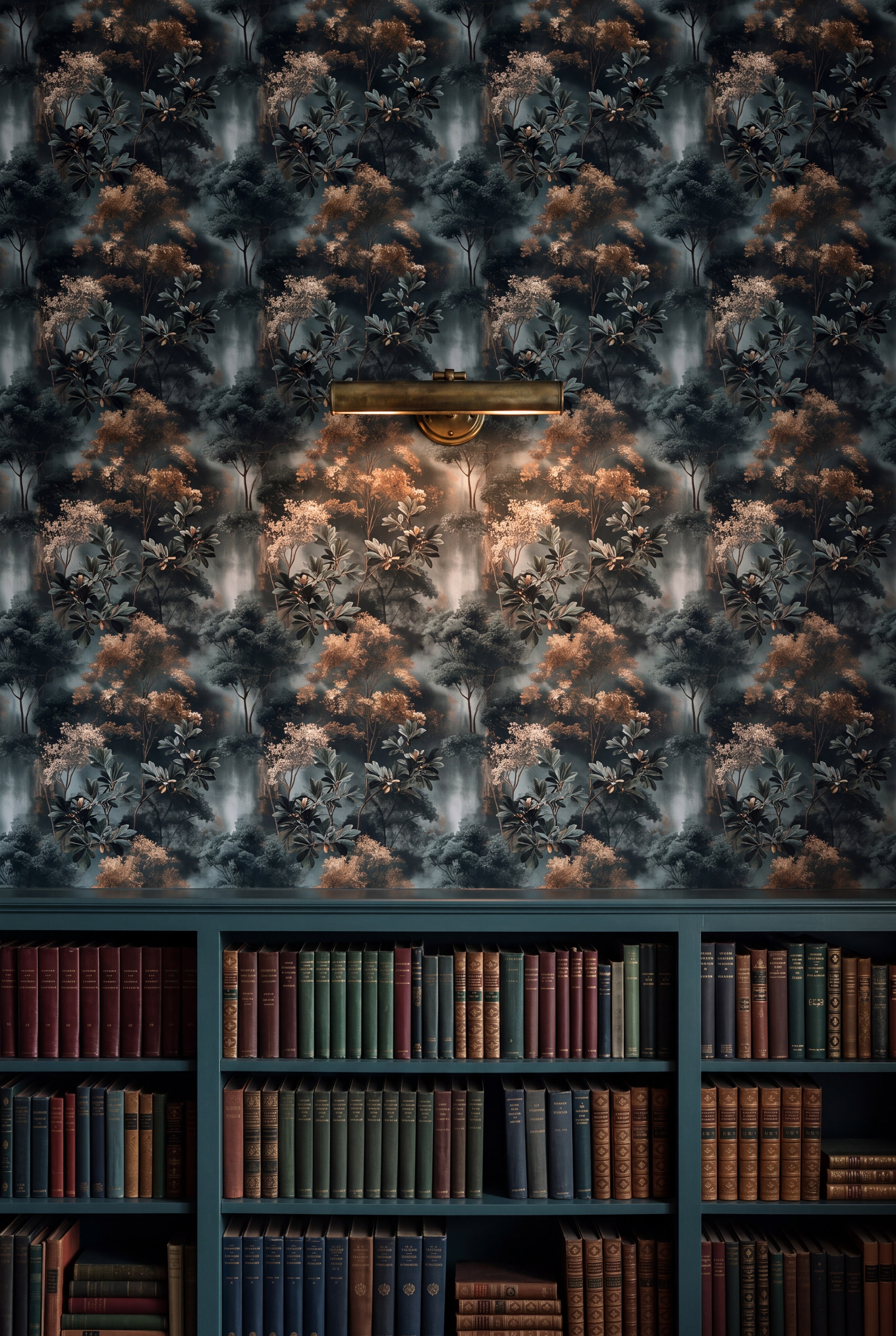 Copper Magnolia wallpaper shown in a library