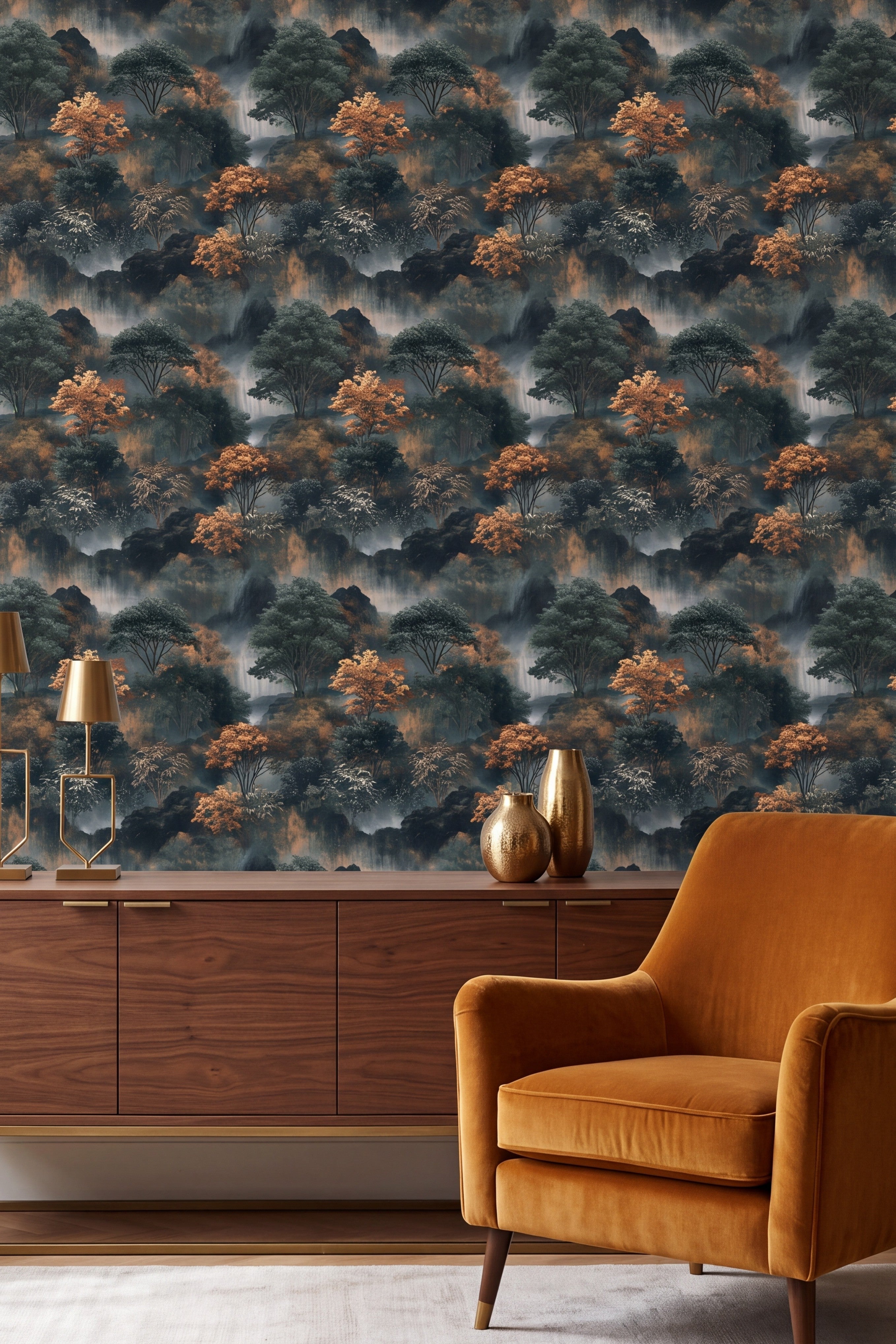 Amber Falls wallpaper shown in a living room