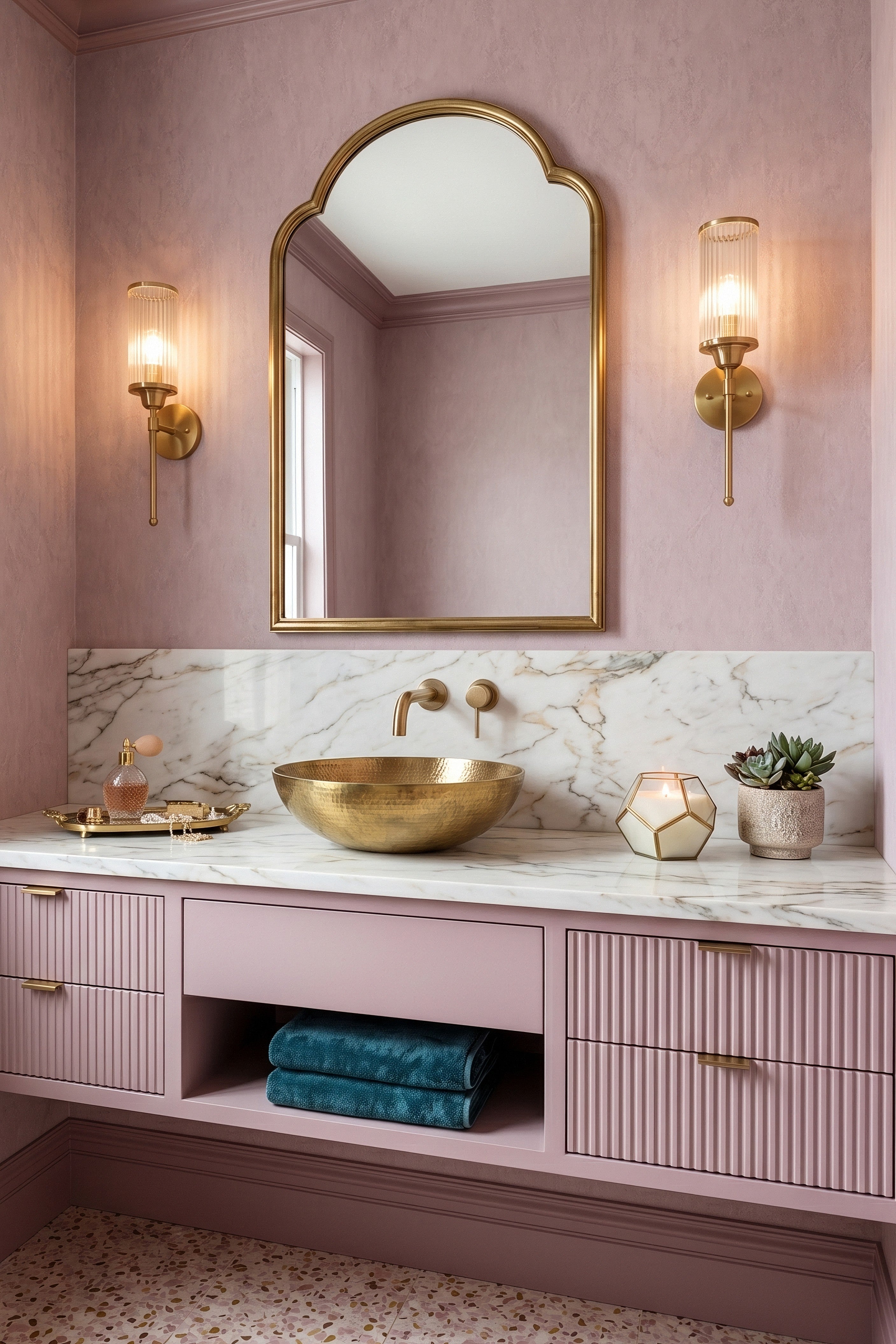 Blush Fresco wallpaper shown in a powder room