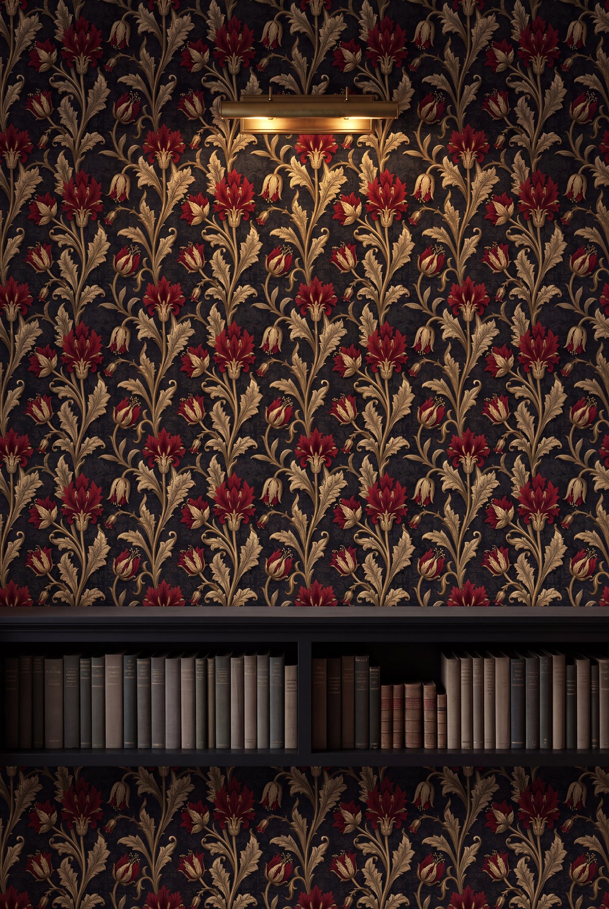 Gilded Thistle wallpaper shown in a library