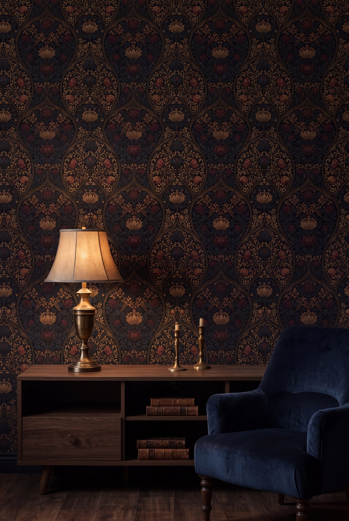 Chalice Damask wallpaper shown in a living room