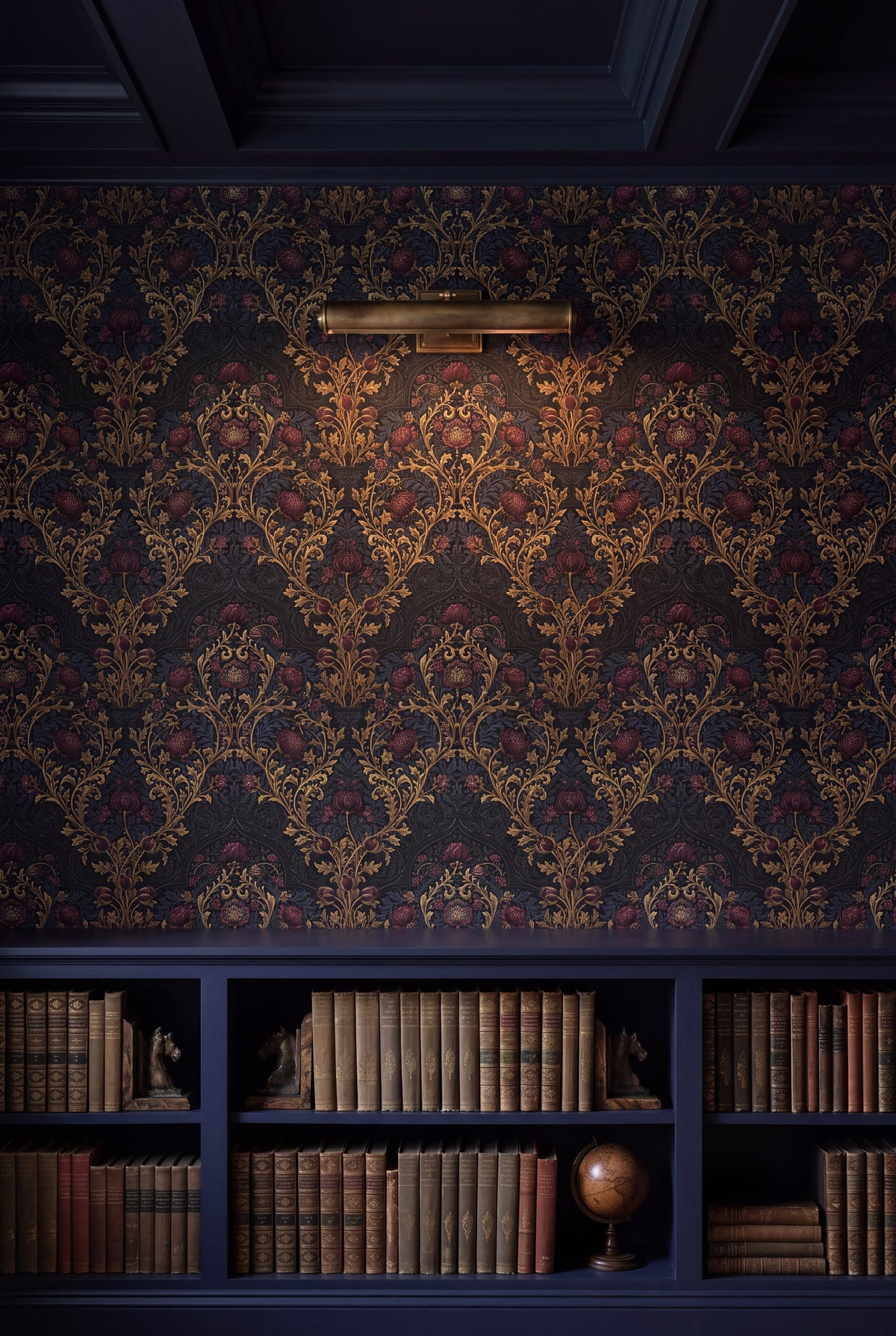 Abbey Gilt wallpaper shown in a library