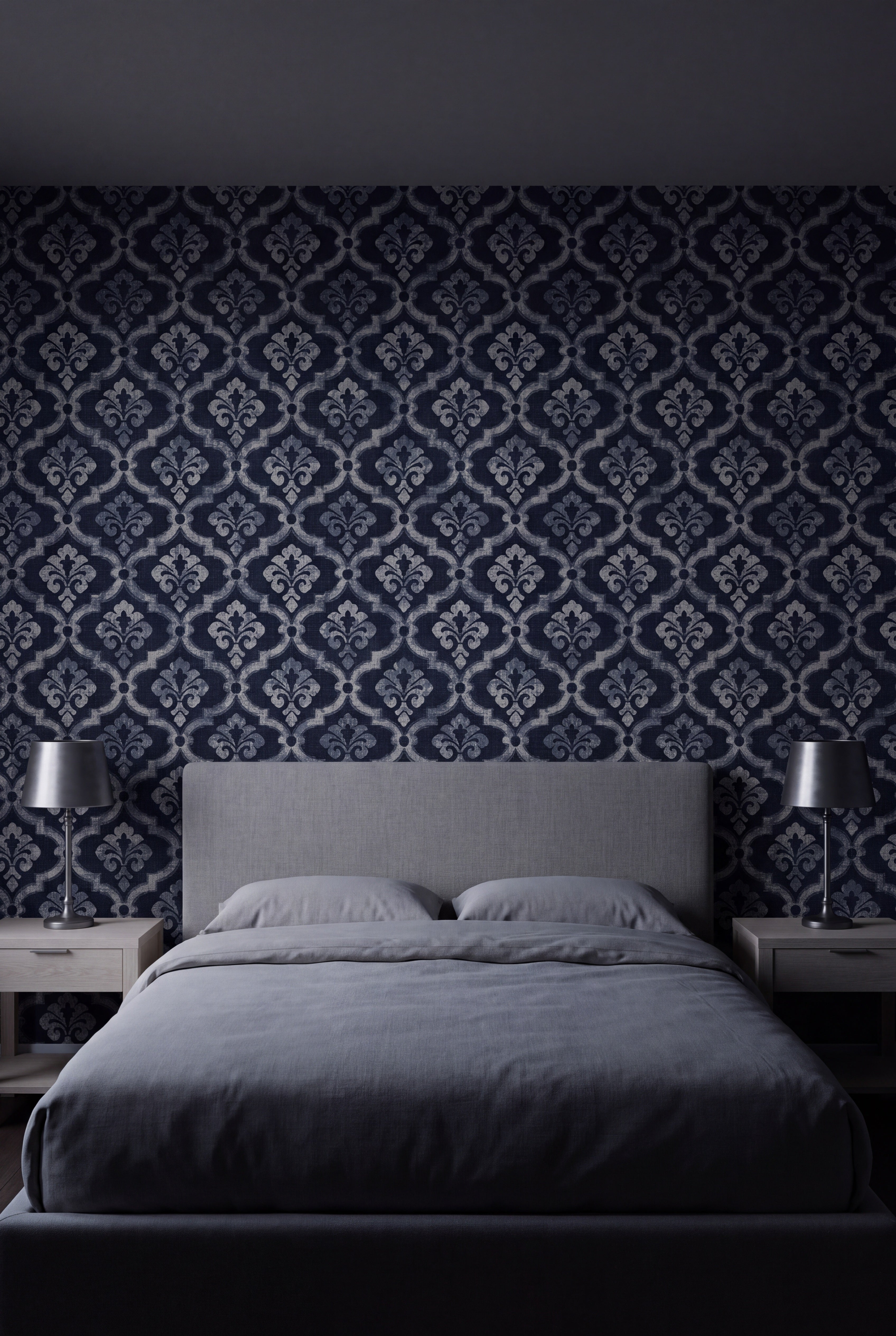 Indigo Fleur wallpaper shown in a bedroom