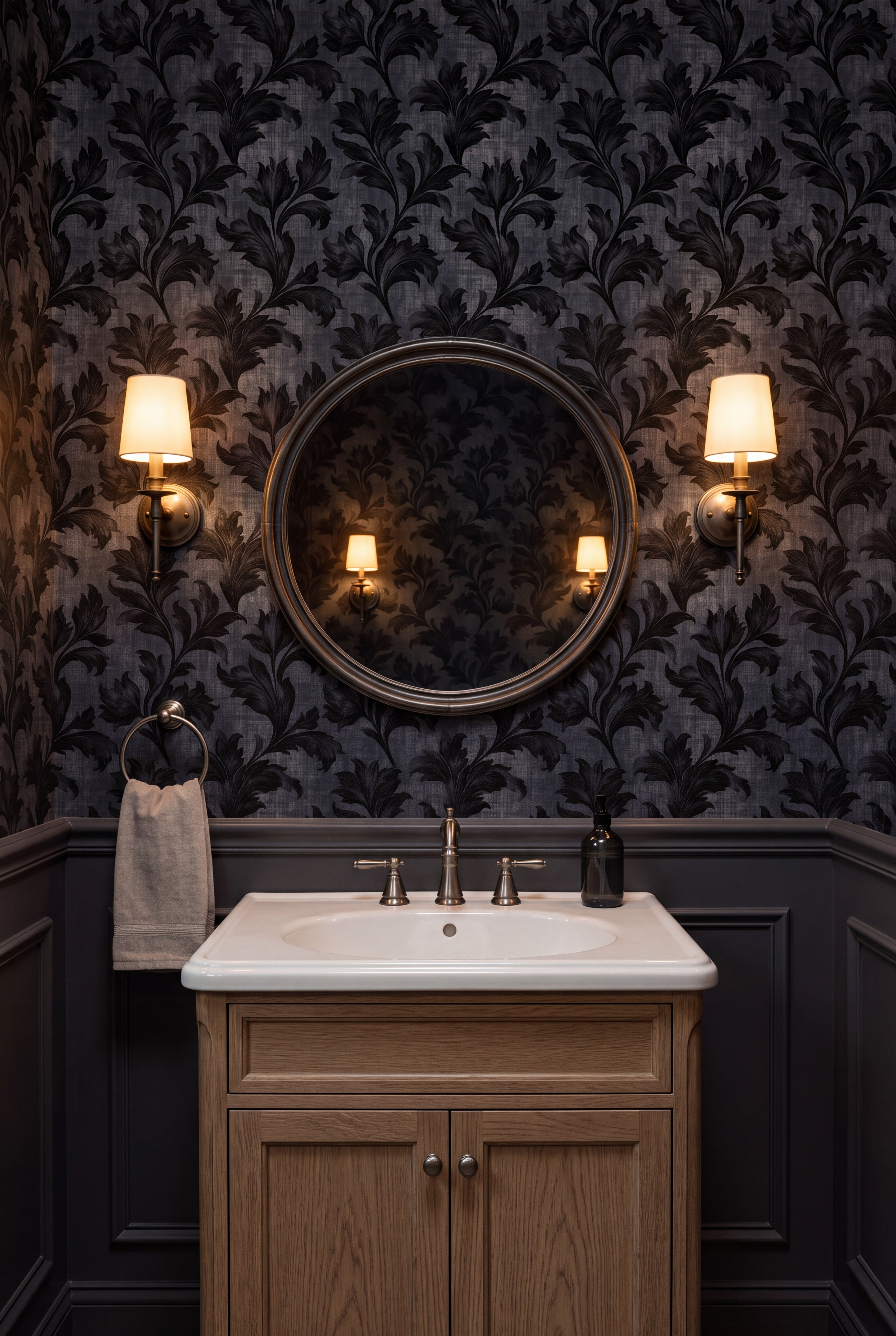 Nightfall Acanthus wallpaper shown in a powder room
