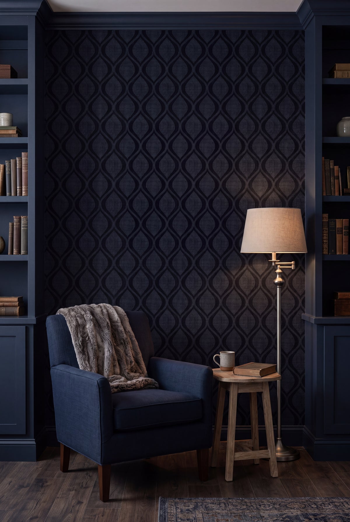 Midnight Ogee wallpaper shown in a reading nook