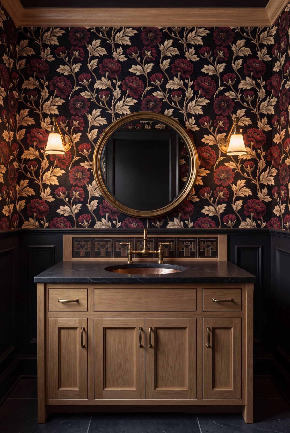 Gilded Peony wallpaper shown in a powder room