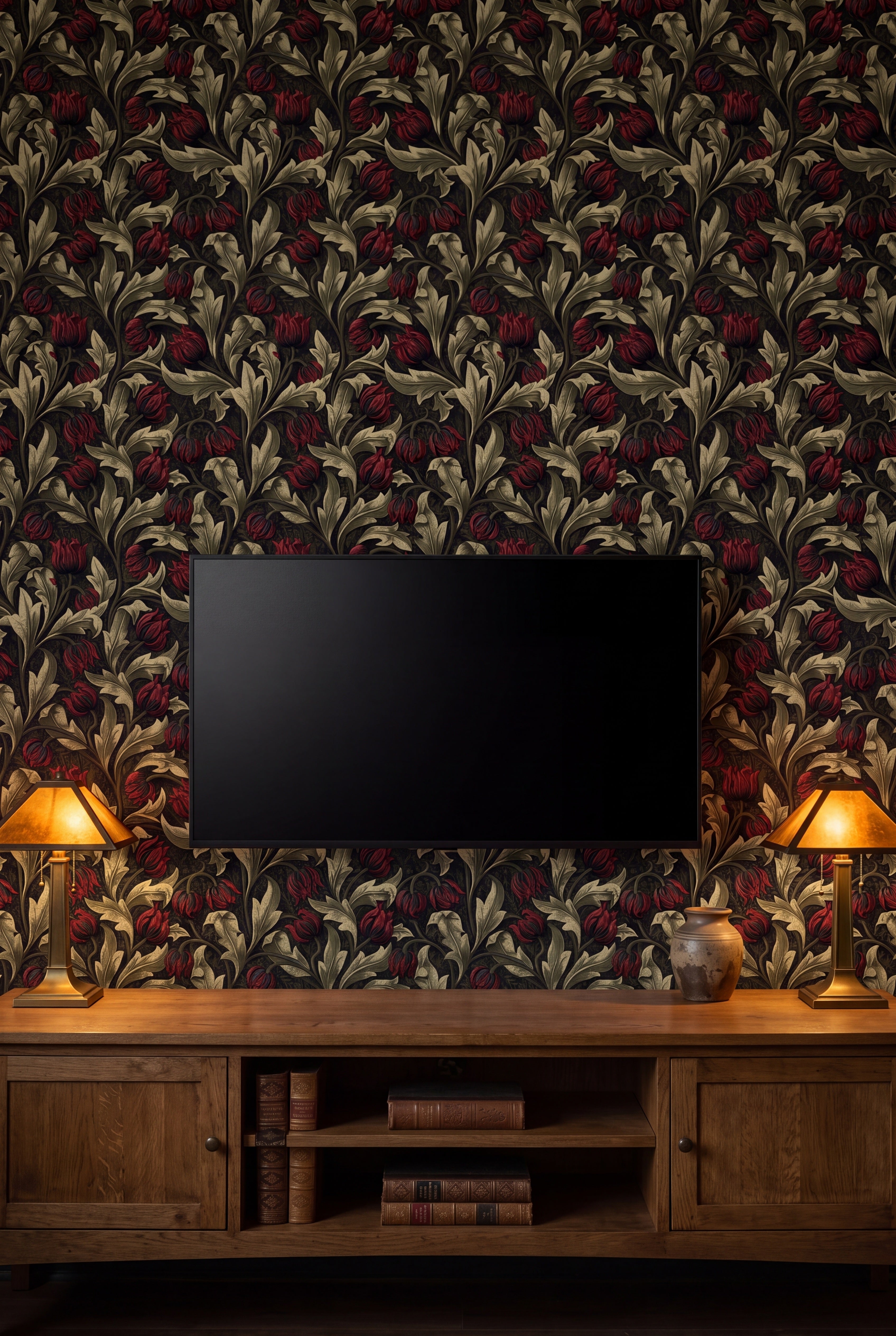 Shadow Tulip wallpaper shown in a media room