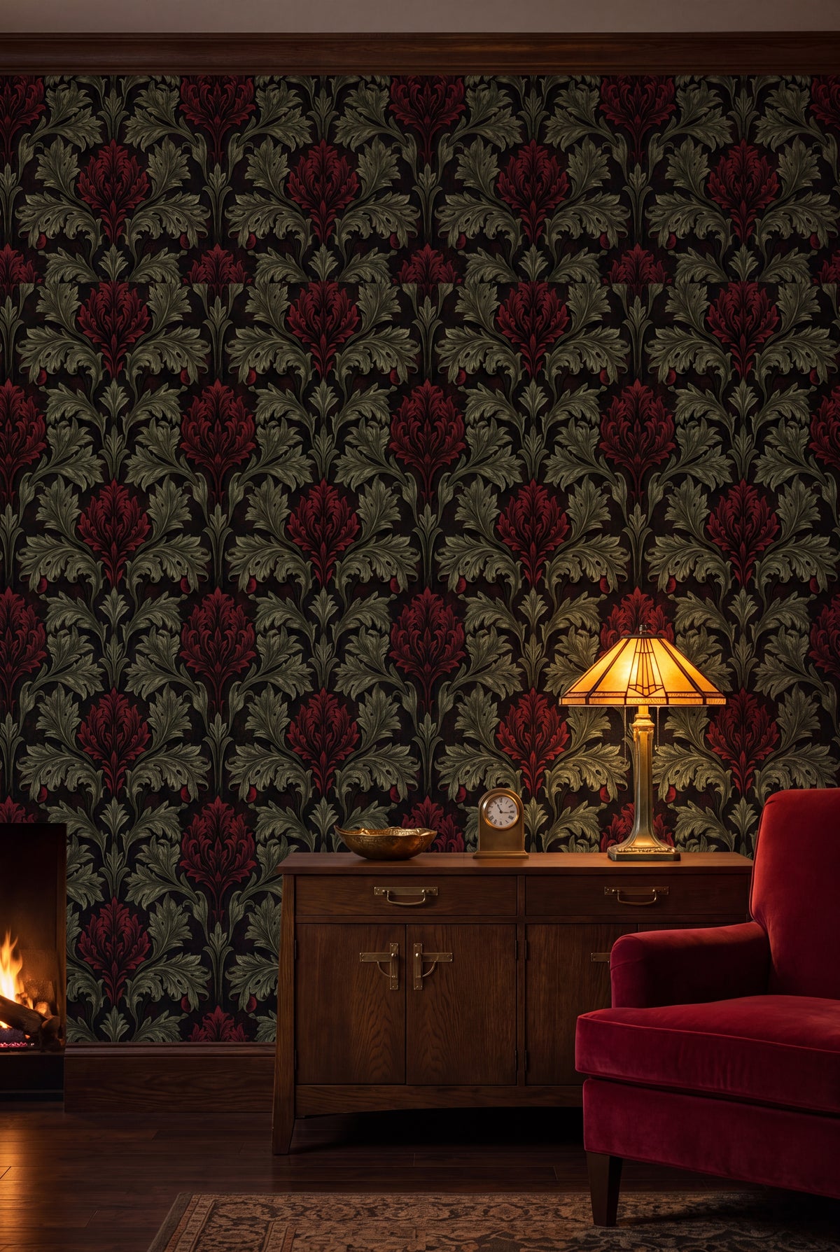 Moss Artichoke wallpaper shown in a living room