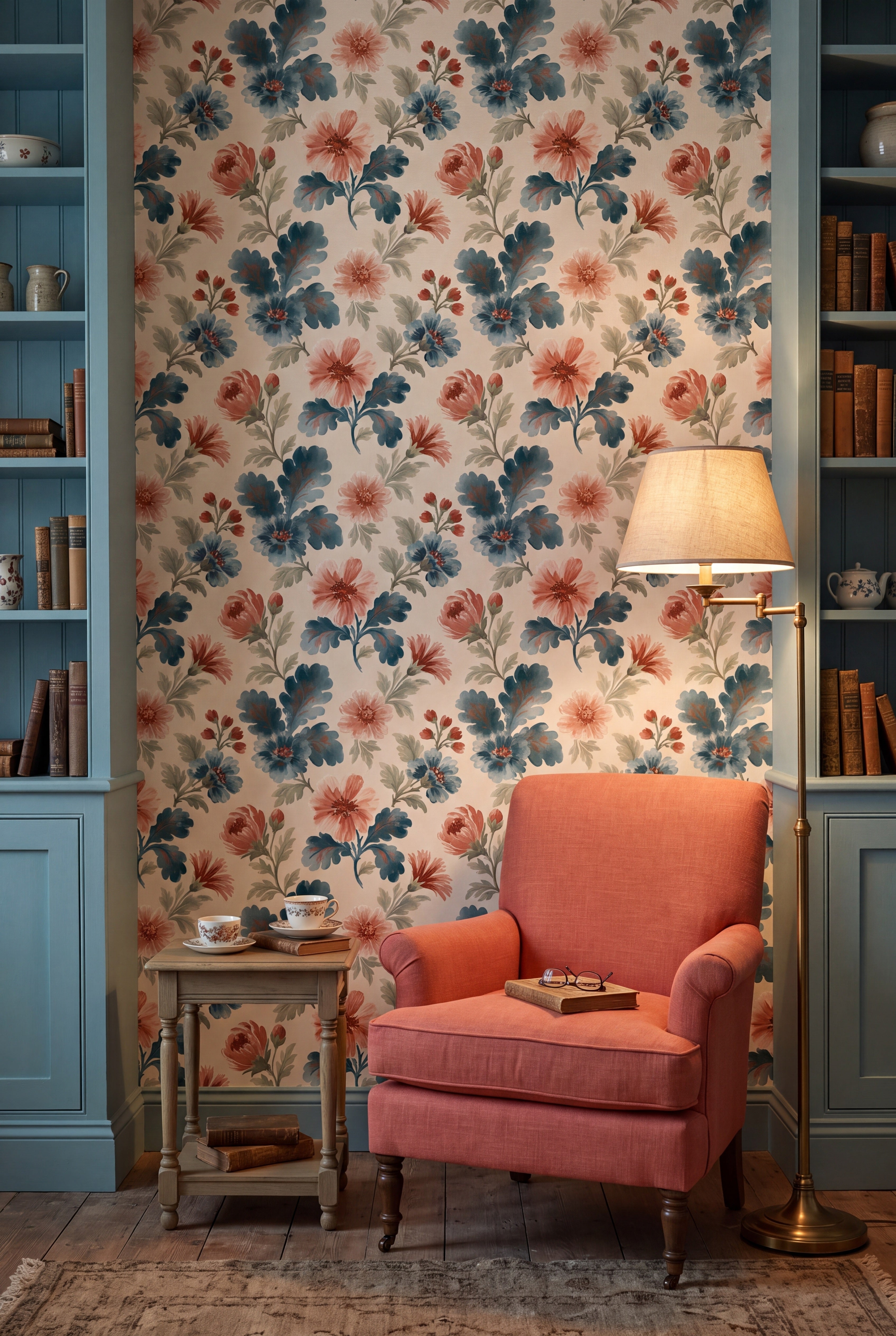 Dusty Cornflower wallpaper shown in a reading nook