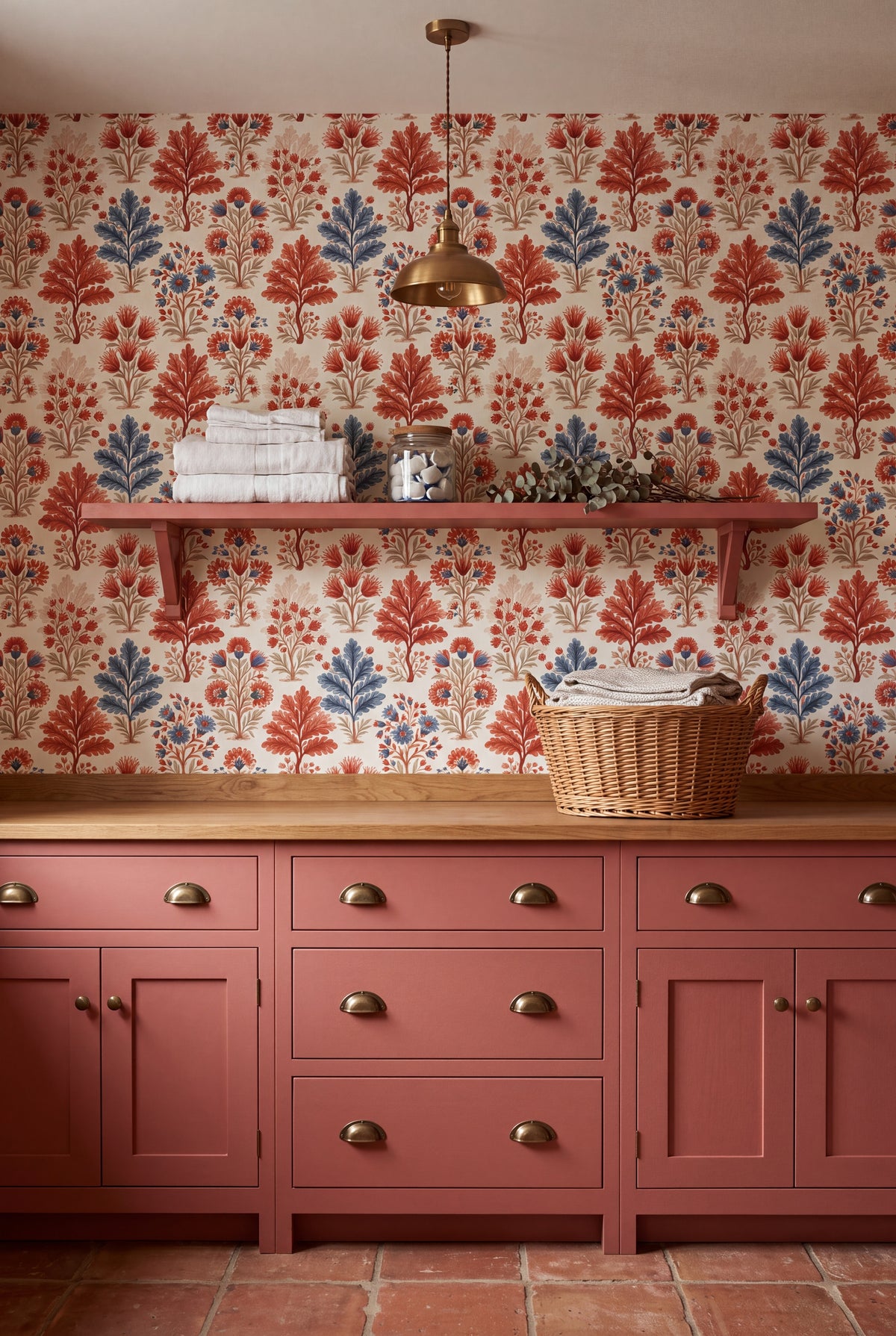 Folk Bloom wallpaper shown in a laundry room