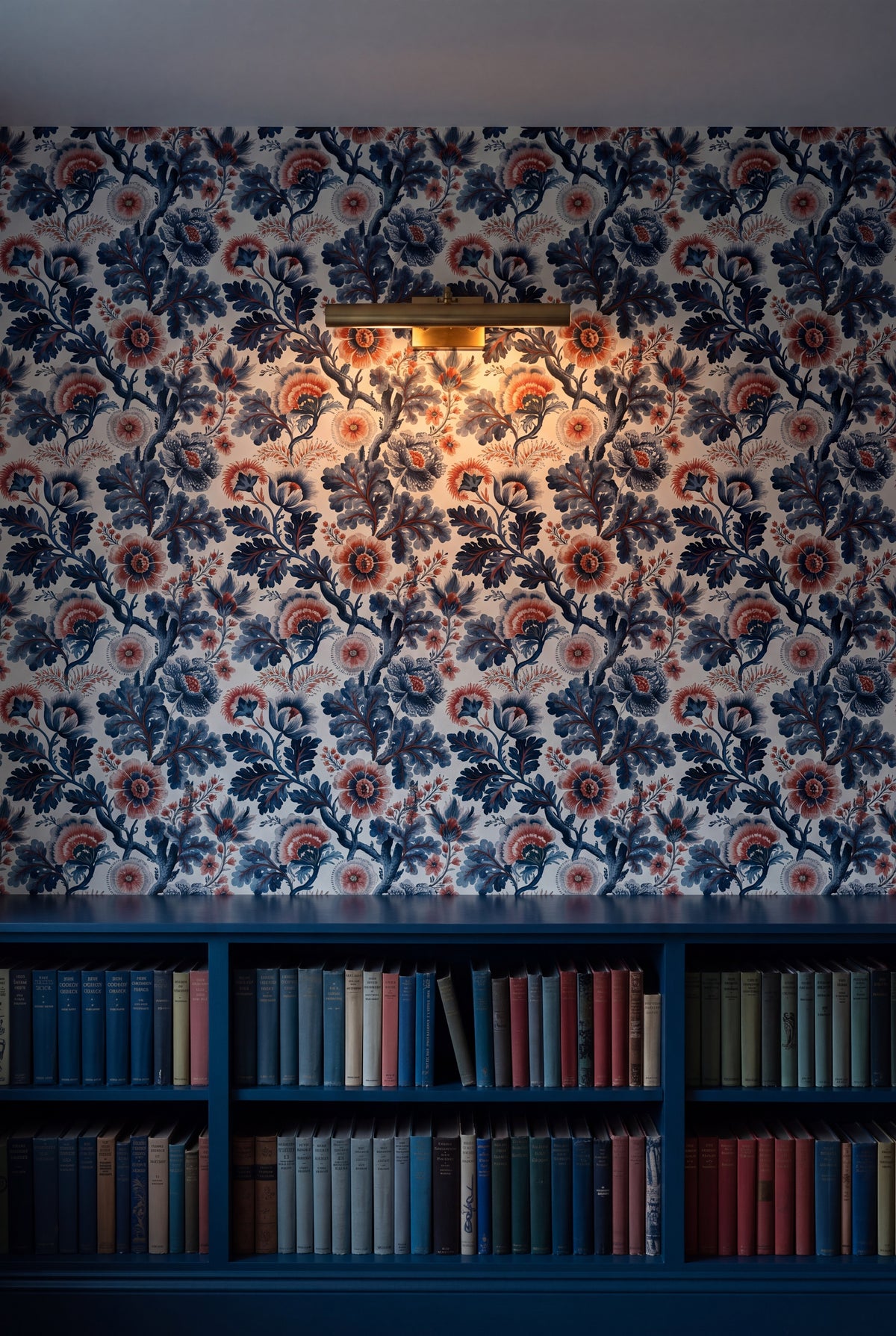 Jacobean Night wallpaper shown in a library