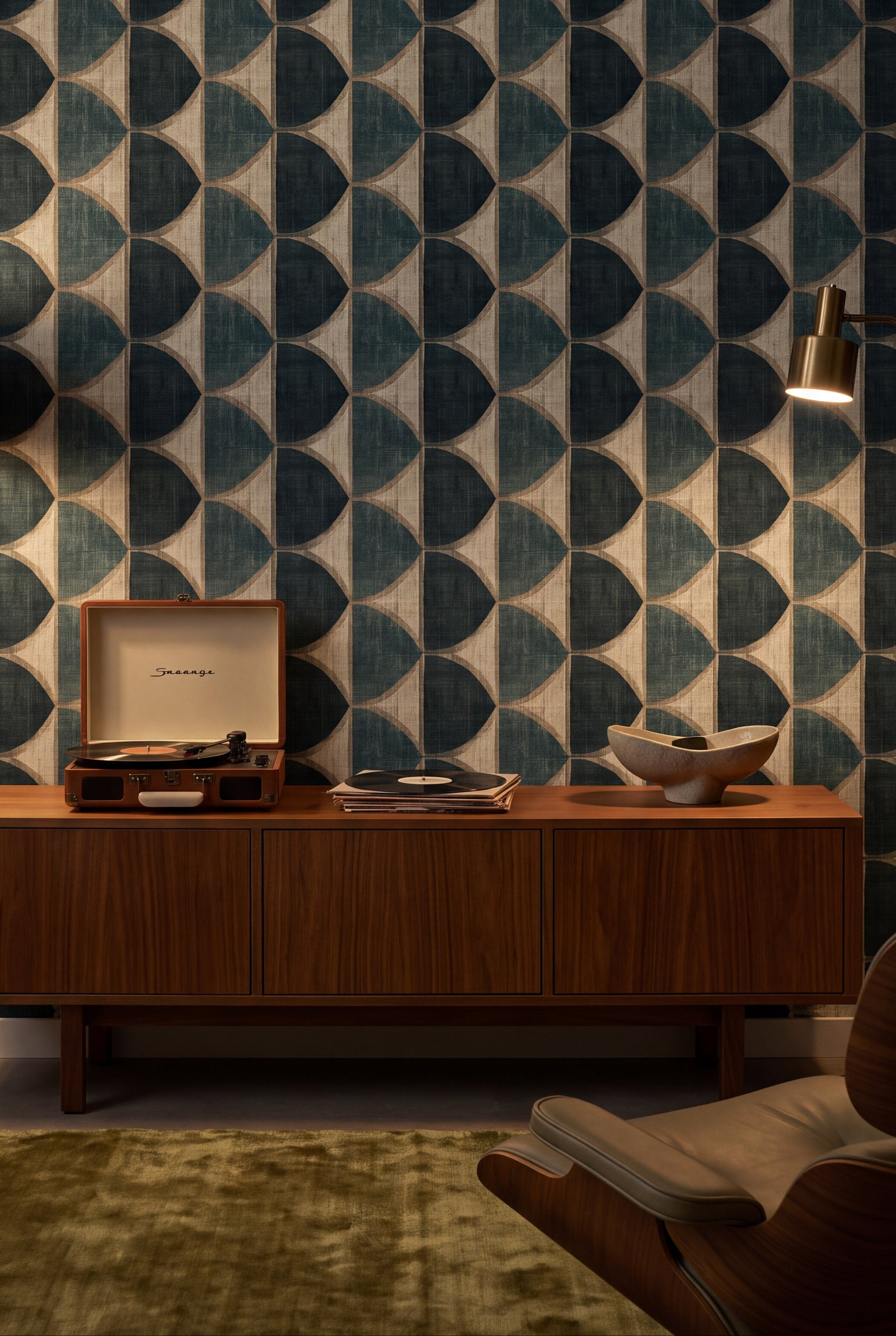 Verdigris Halfmoon wallpaper shown in a media room
