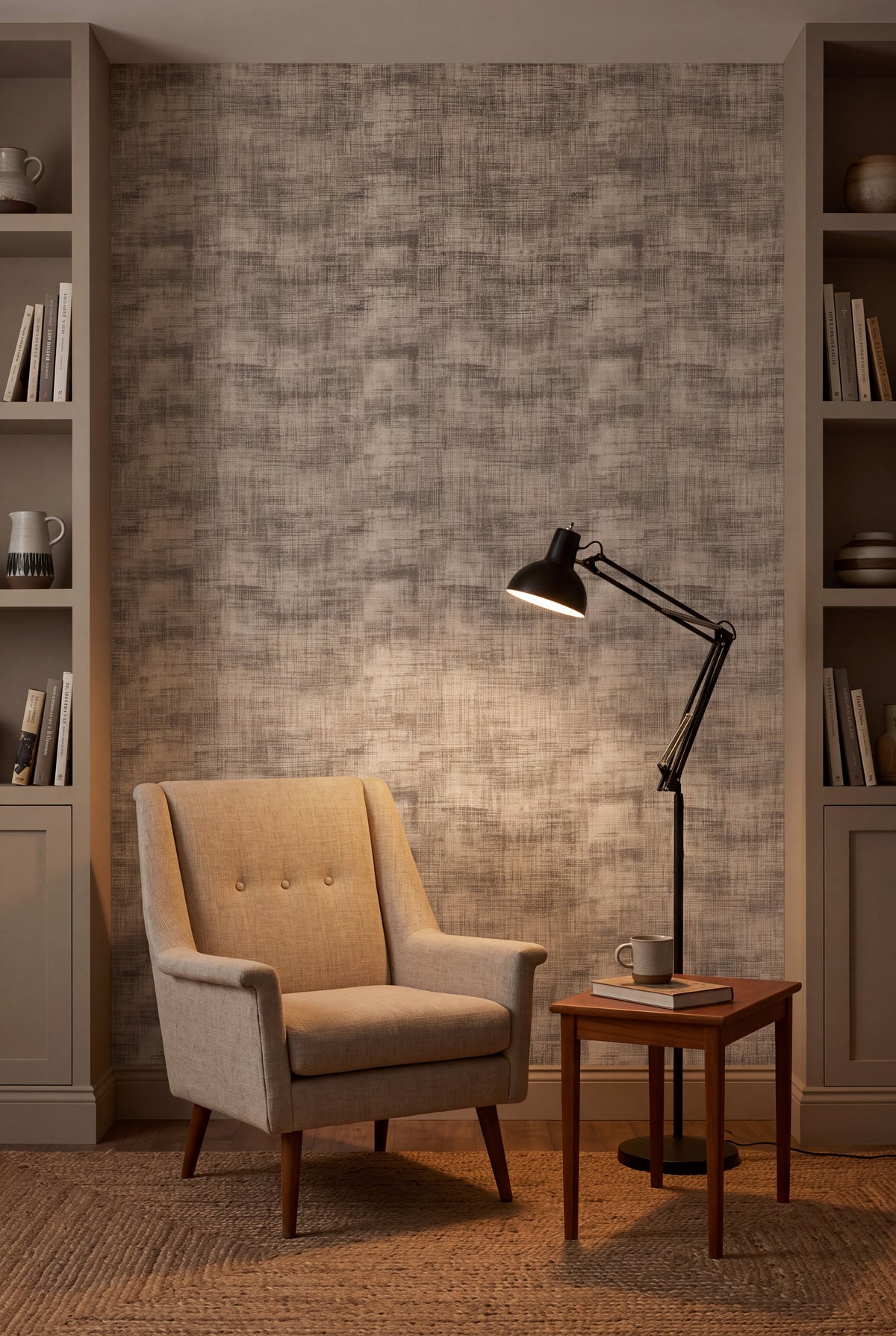 Plaster Drift wallpaper shown in a reading nook