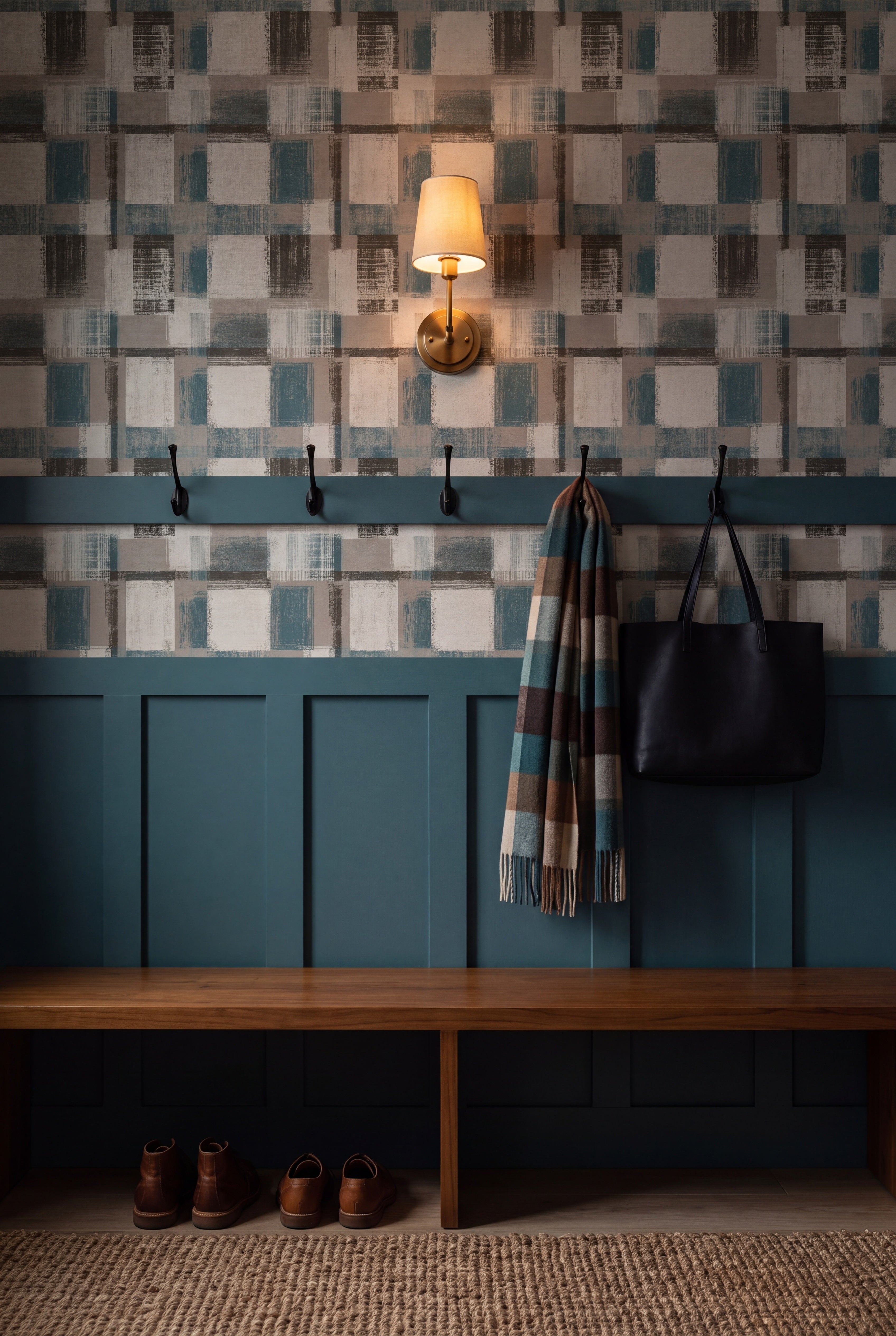 Harbor Check wallpaper shown in a mudroom