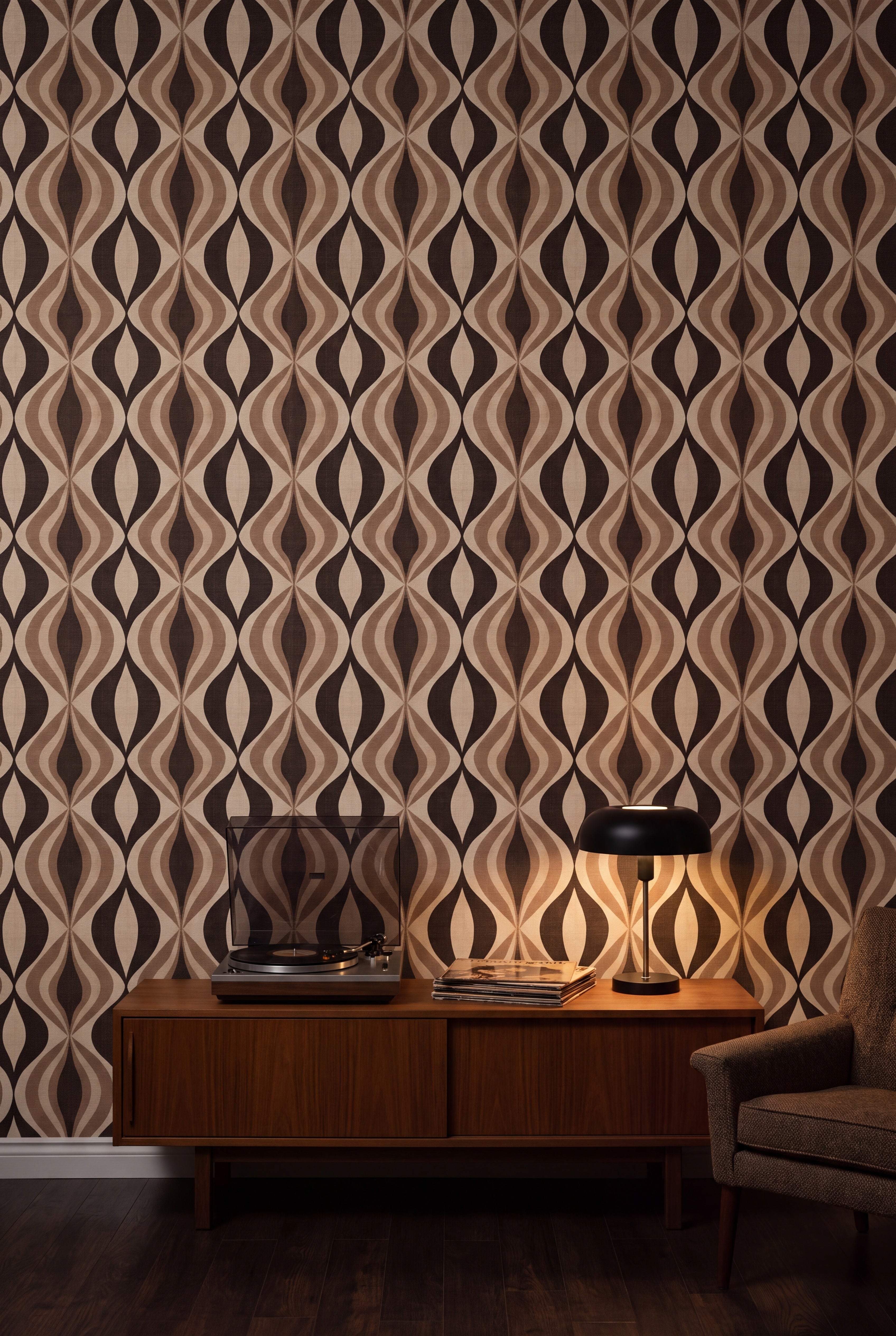 Cocoa Marquise wallpaper shown in a media room