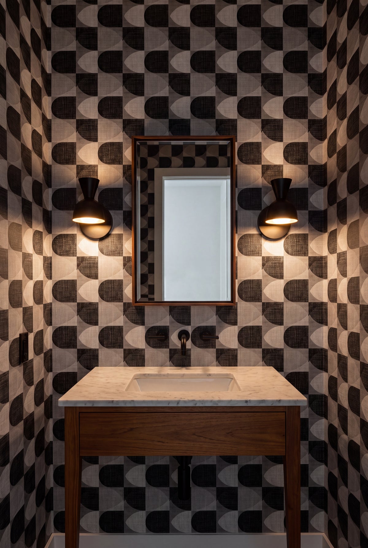 Domino Arc wallpaper shown in a powder room