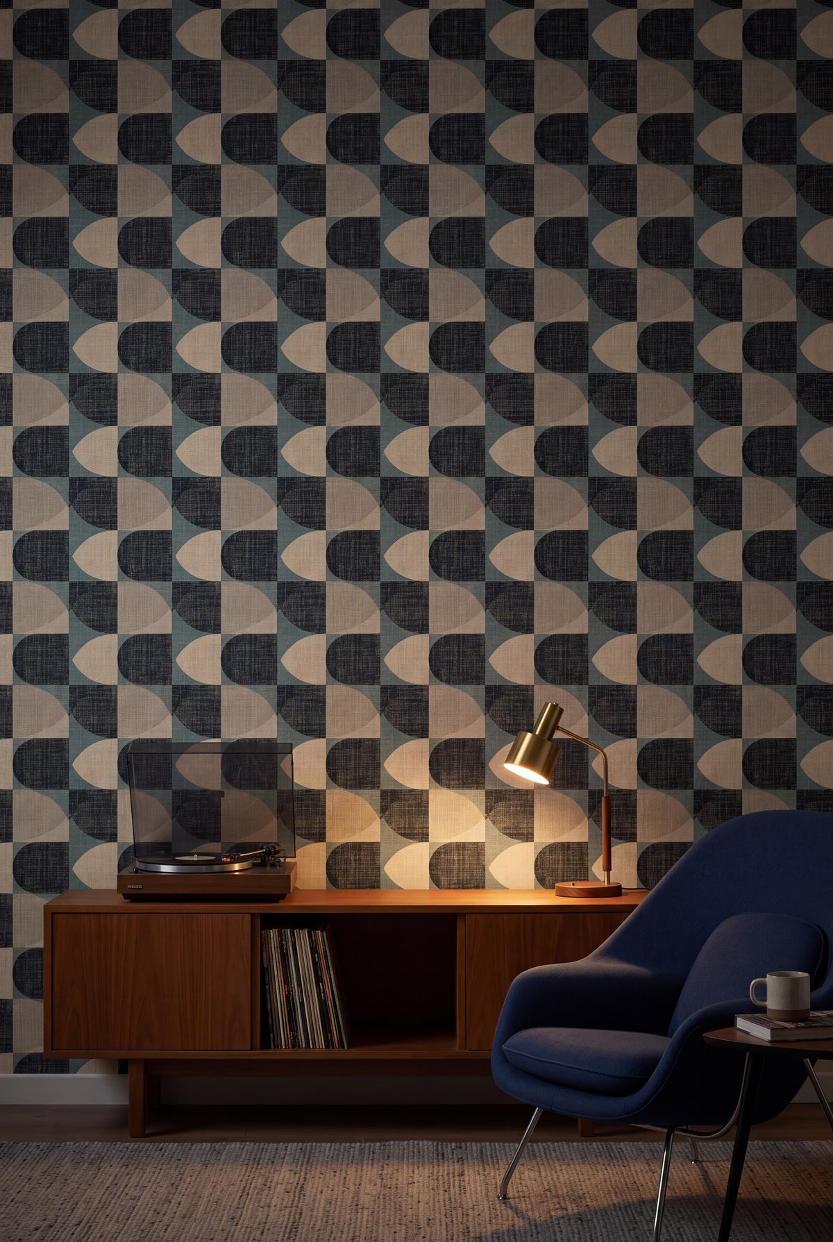 Tidewater Arc wallpaper shown in a media room
