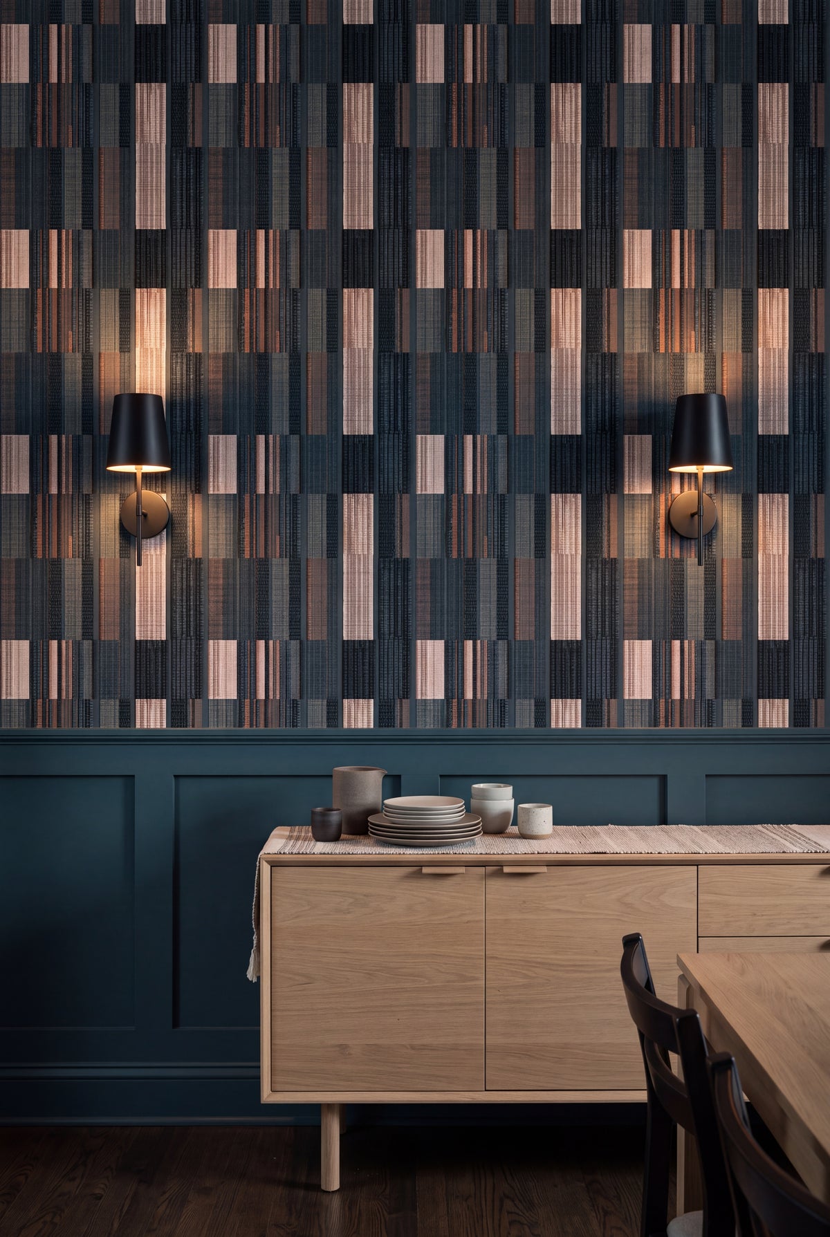 Cinder Ticking wallpaper shown in a dining room