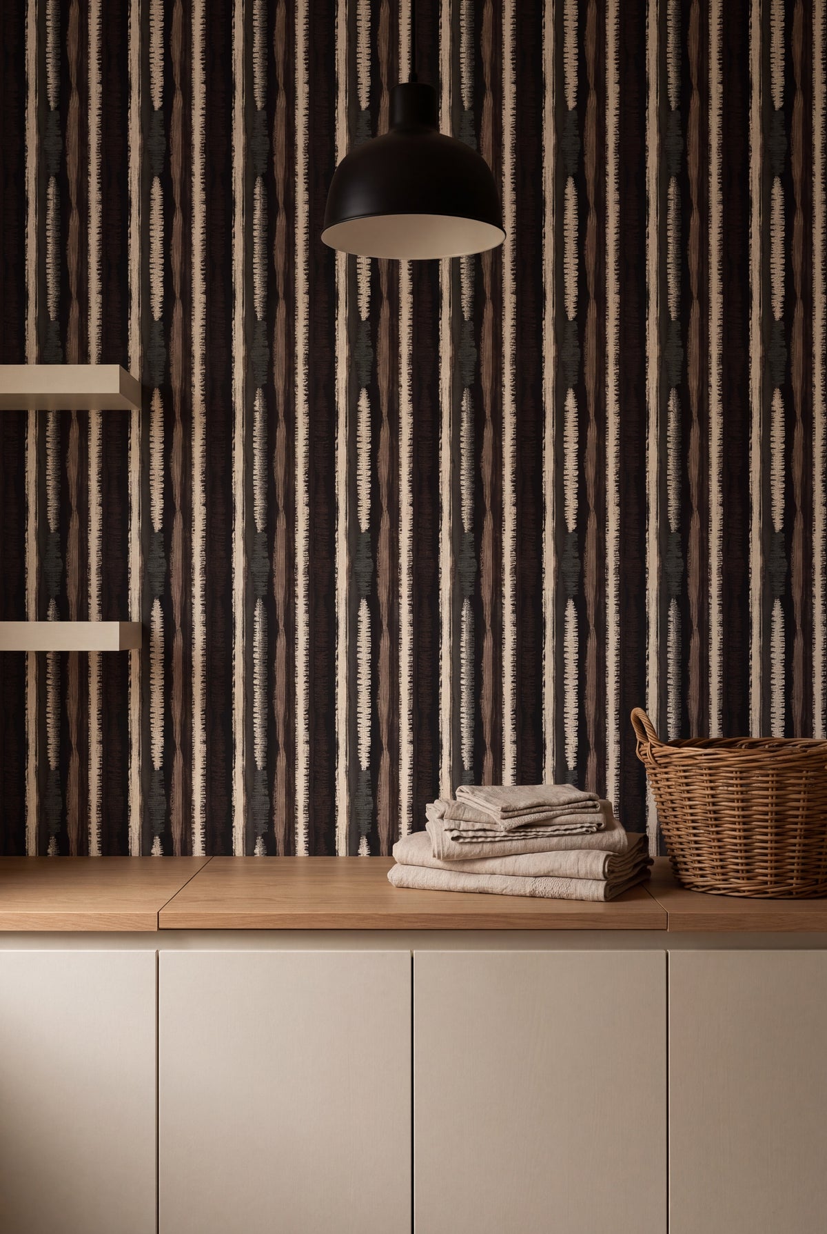 Birchbark Stripe wallpaper shown in a laundry room